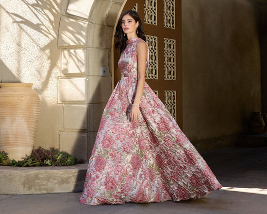 mac duggal pink embroidered flutter sleeve a-line dress Pink Embellished Flutter Sleeve Gown