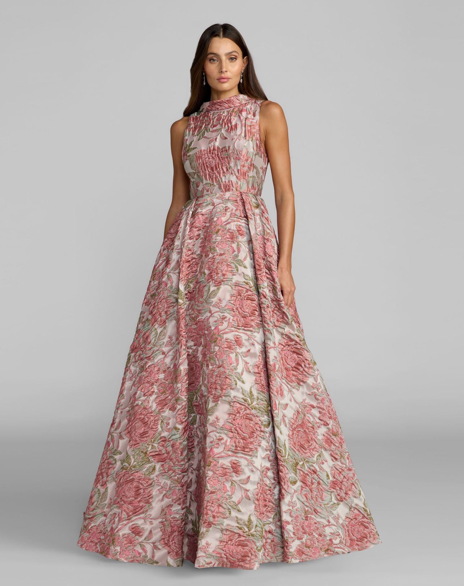 Pink Brocade Sleeveless V-Back Ball Gown  - Mac Duggal