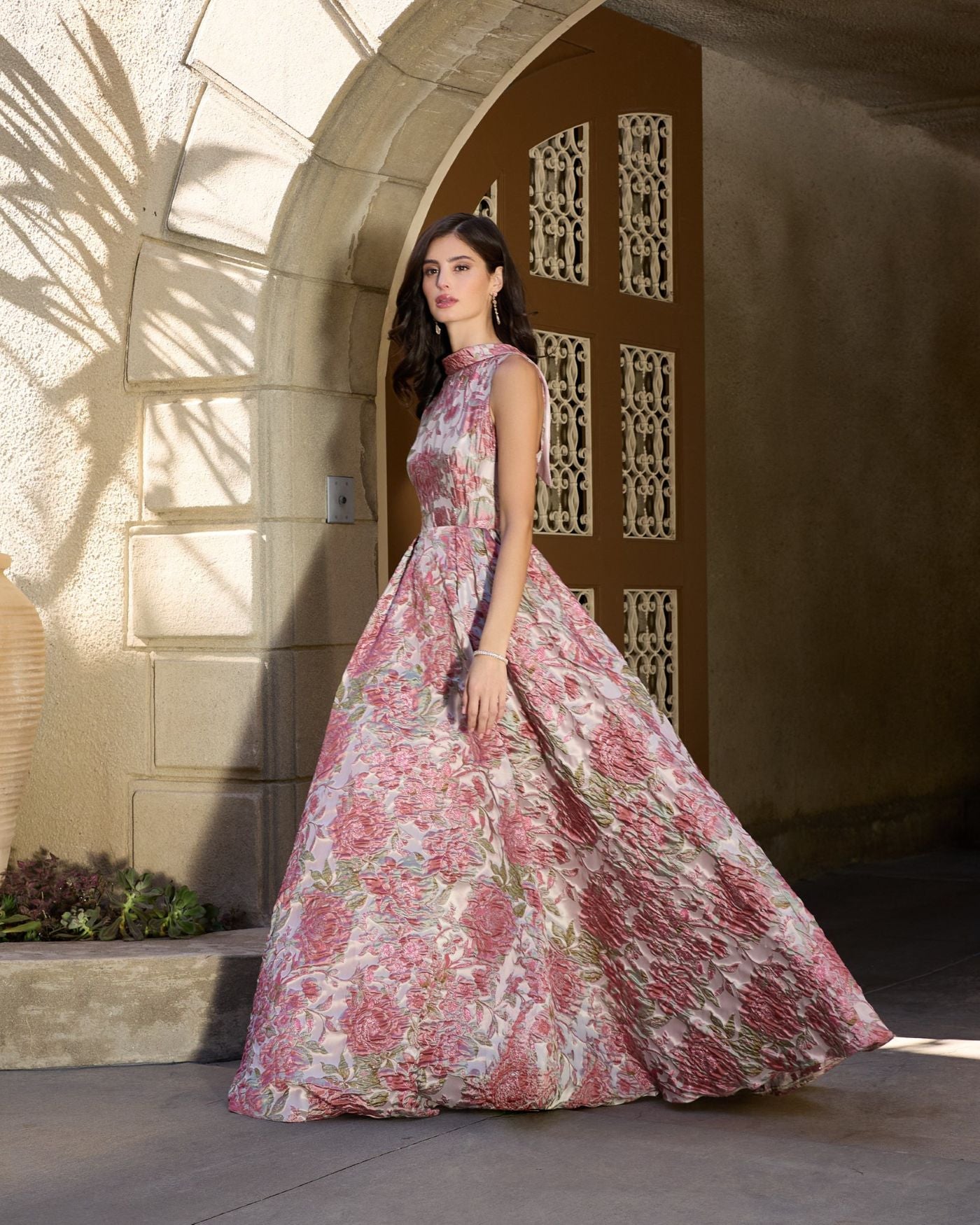 Pink Brocade Sleeveless V-Back Ball Gown  - Mac Duggal