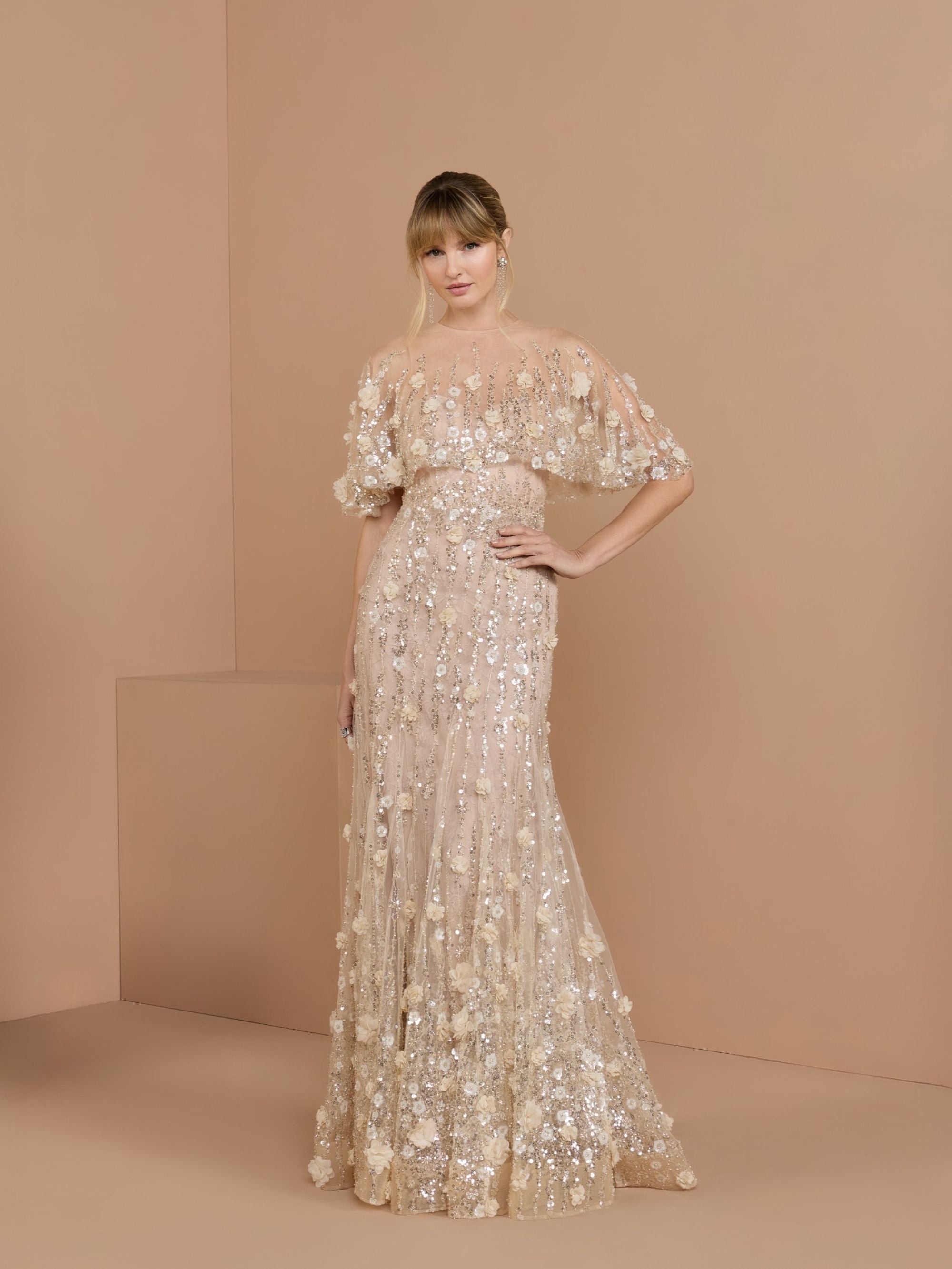 Embellished Cape Sleeve Gown