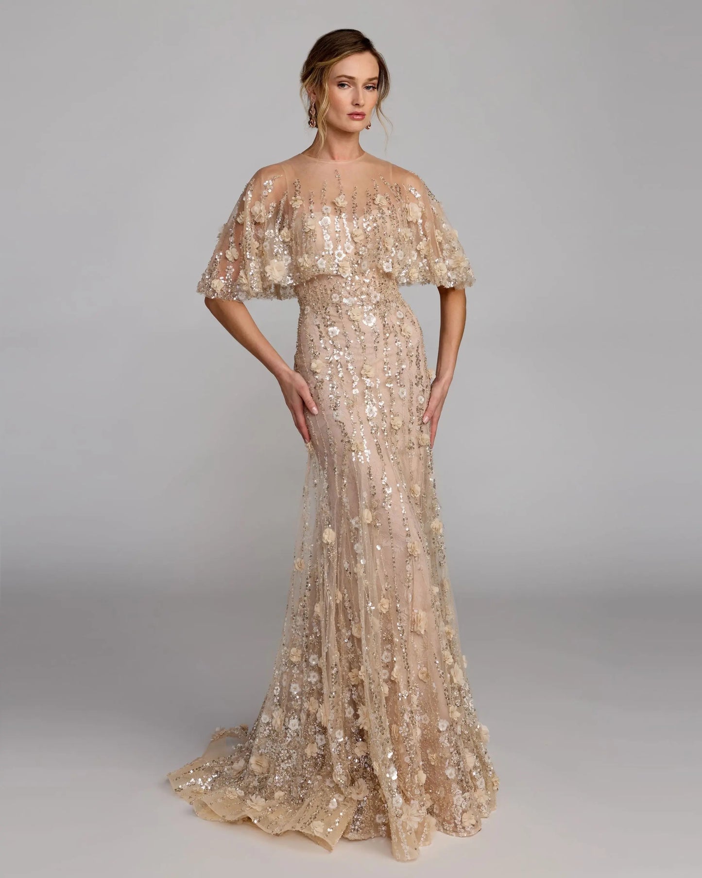 Beige Embellished Cape Sleeve Gown - Mac Duggal