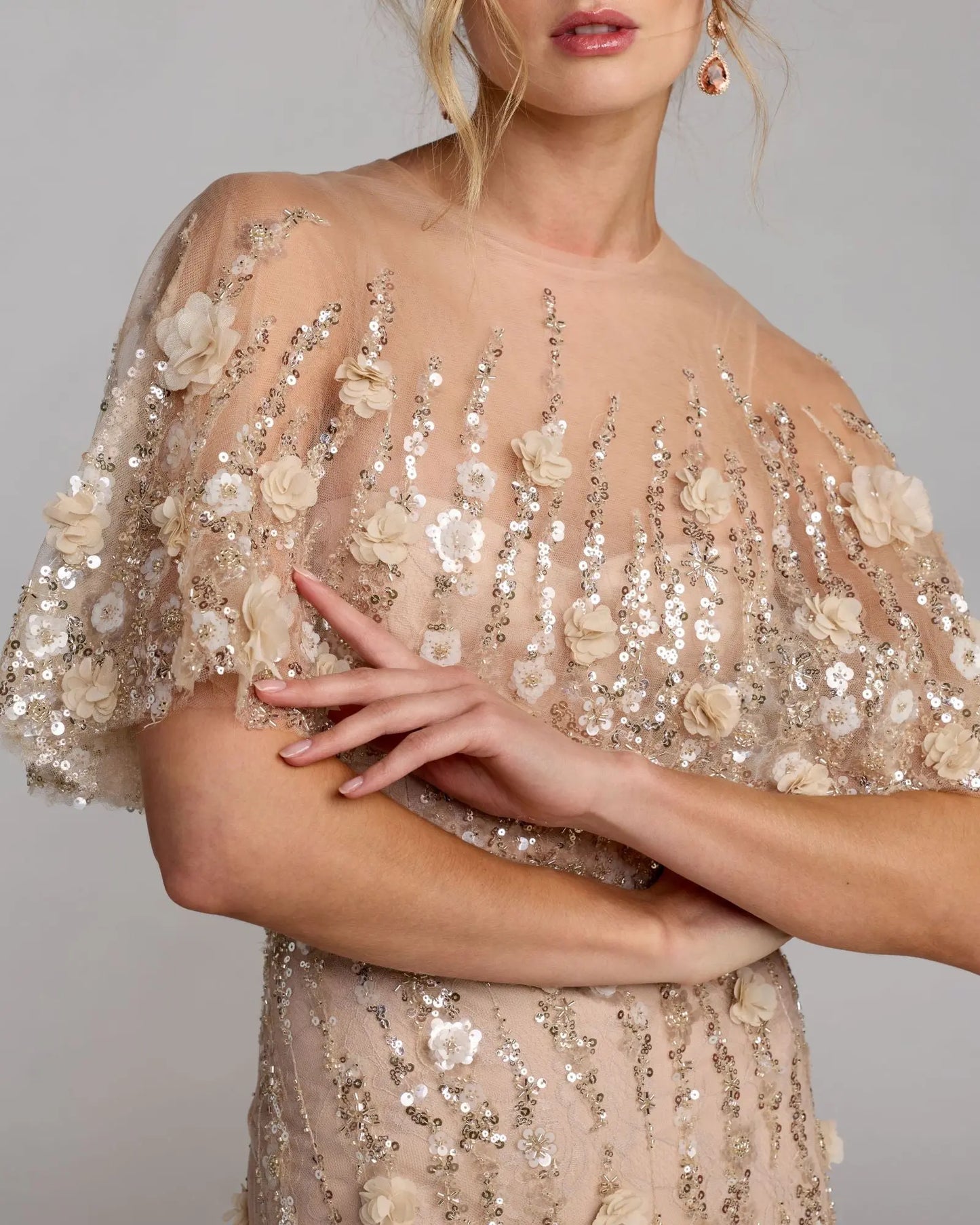 Beige Embellished Cape Sleeve Gown - Mac Duggal