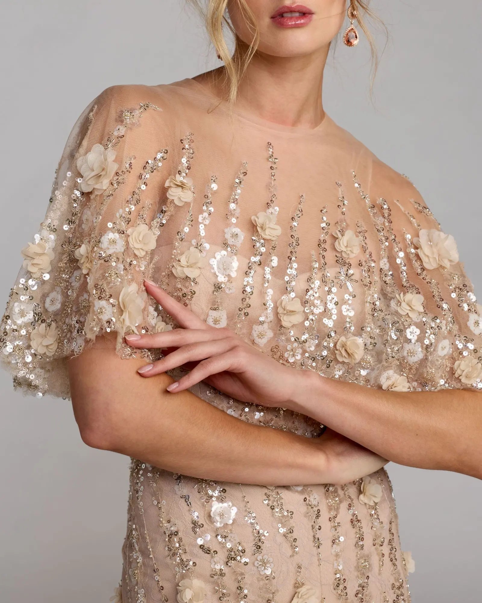 Beige Embellished Cape Sleeve Gown - Mac Duggal
