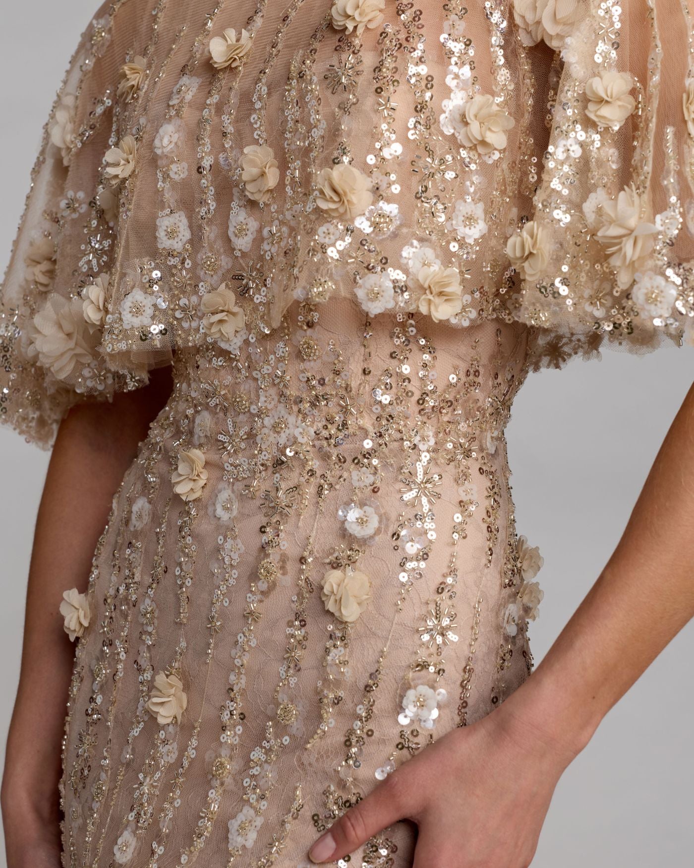 Beige Embellished Cape Sleeve Gown - Mac Duggal