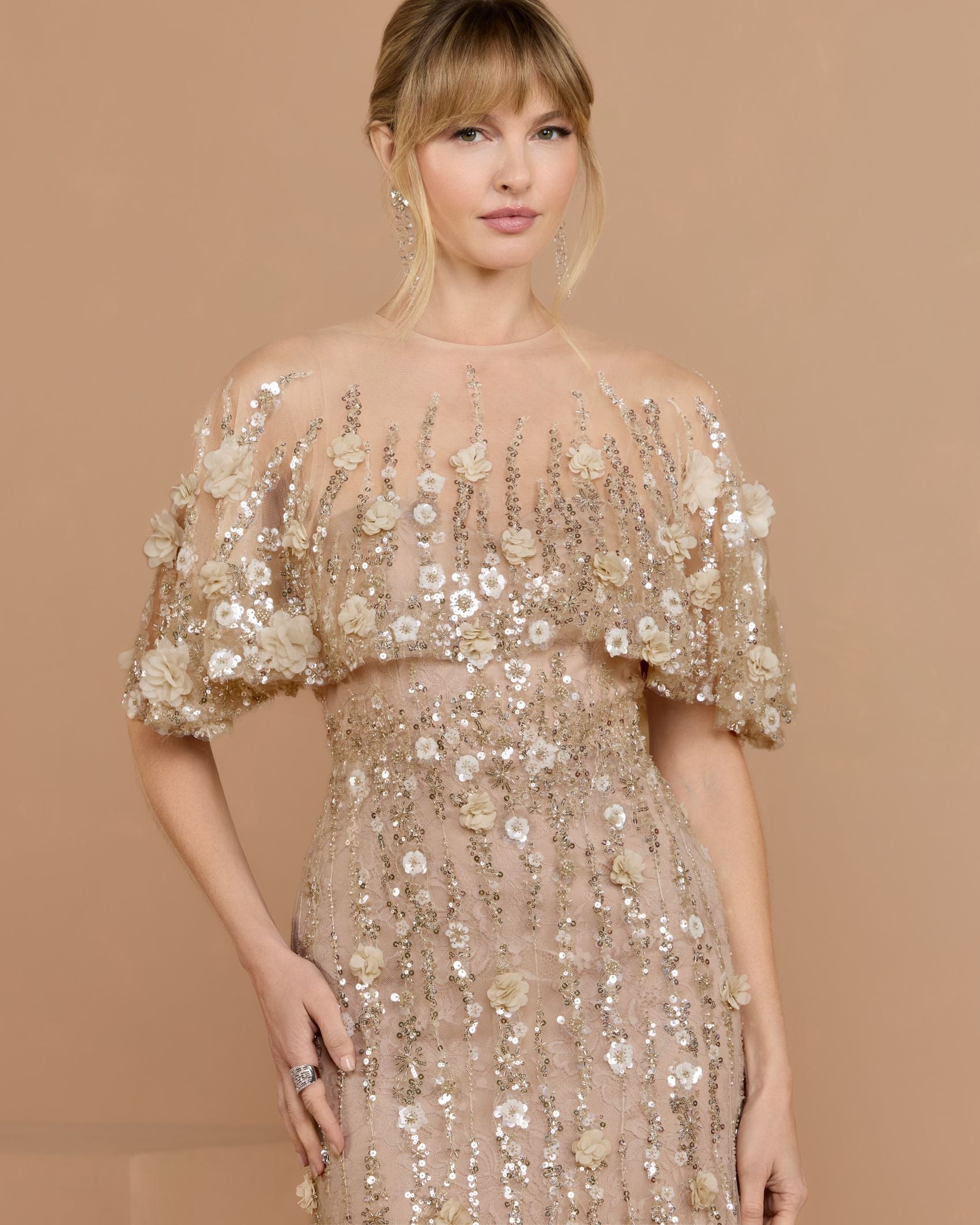 Beige Embellished Cape Sleeve Gown - Mac Duggal