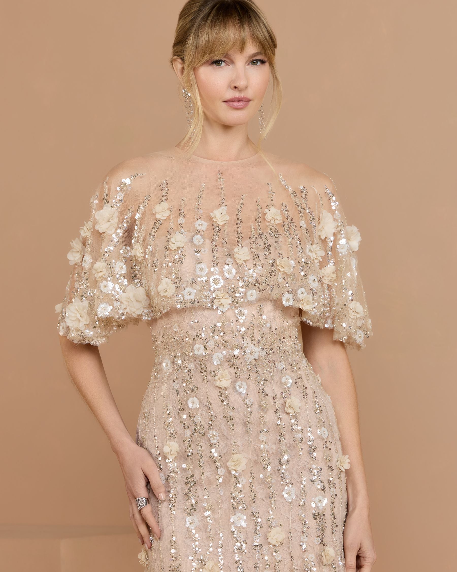 Beige Embellished Cape Sleeve Gown - Mac Duggal