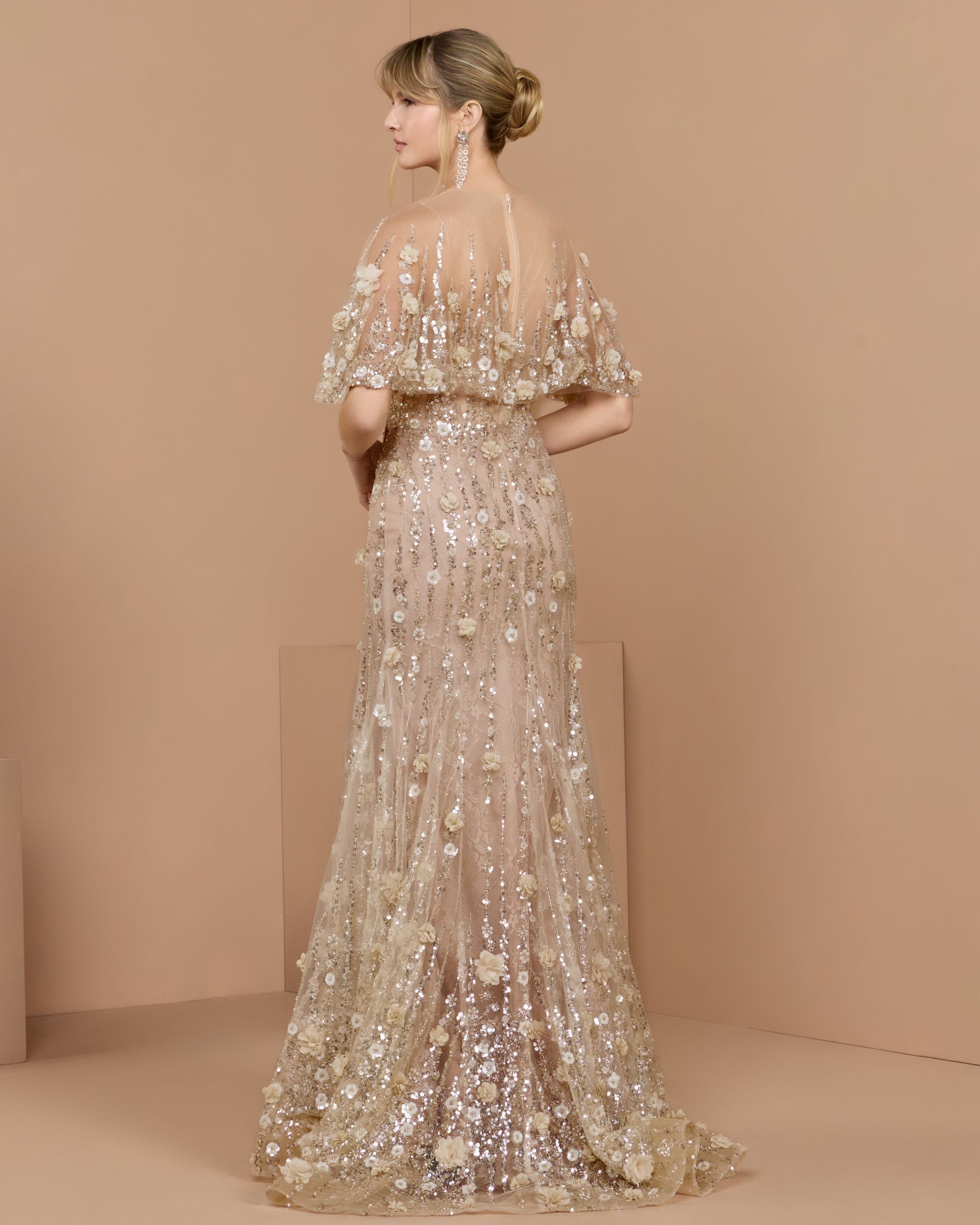 Beige Embellished Cape Sleeve Gown - Mac Duggal