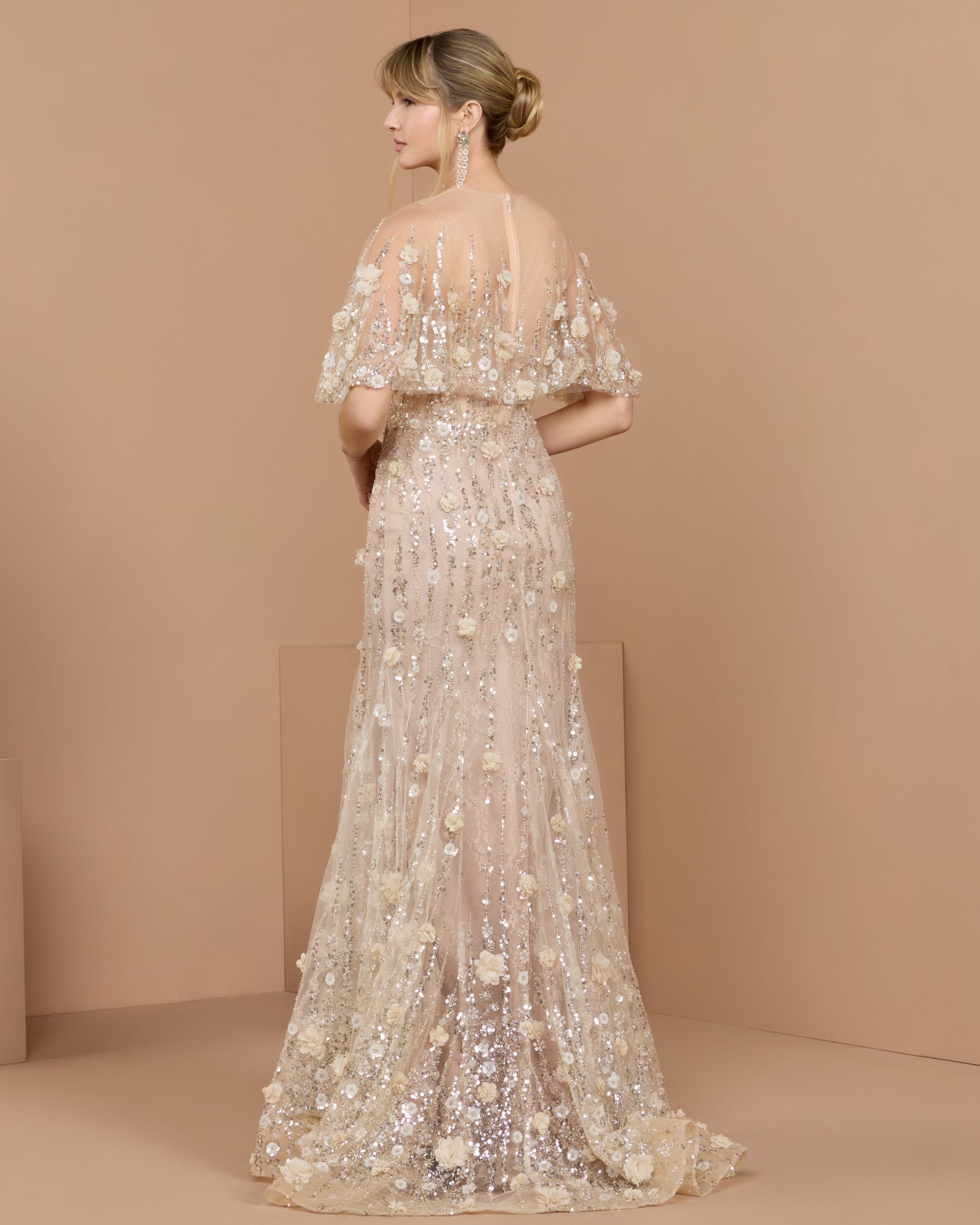 Beige Embellished Cape Sleeve Gown - Mac Duggal
