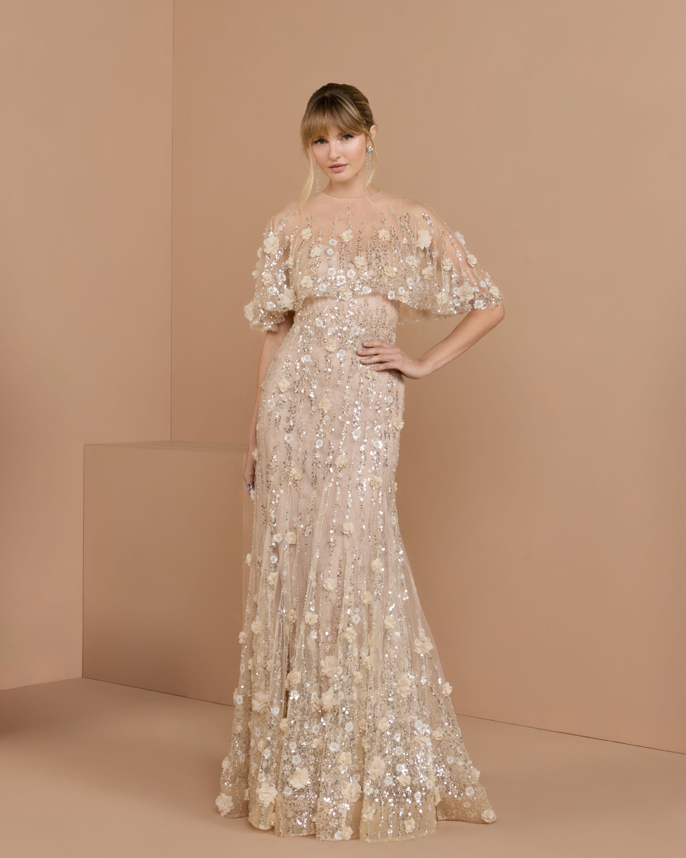 Beige Embellished Cape Sleeve Gown - Mac Duggal
