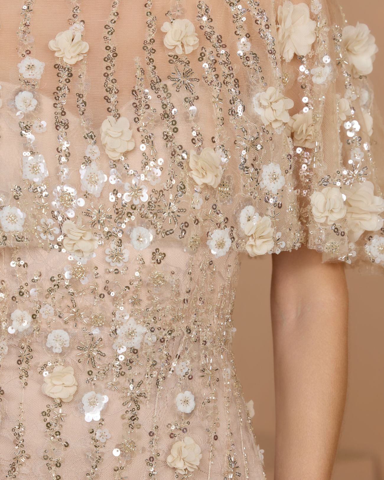 Beige Embellished Cape Sleeve Gown - Mac Duggal