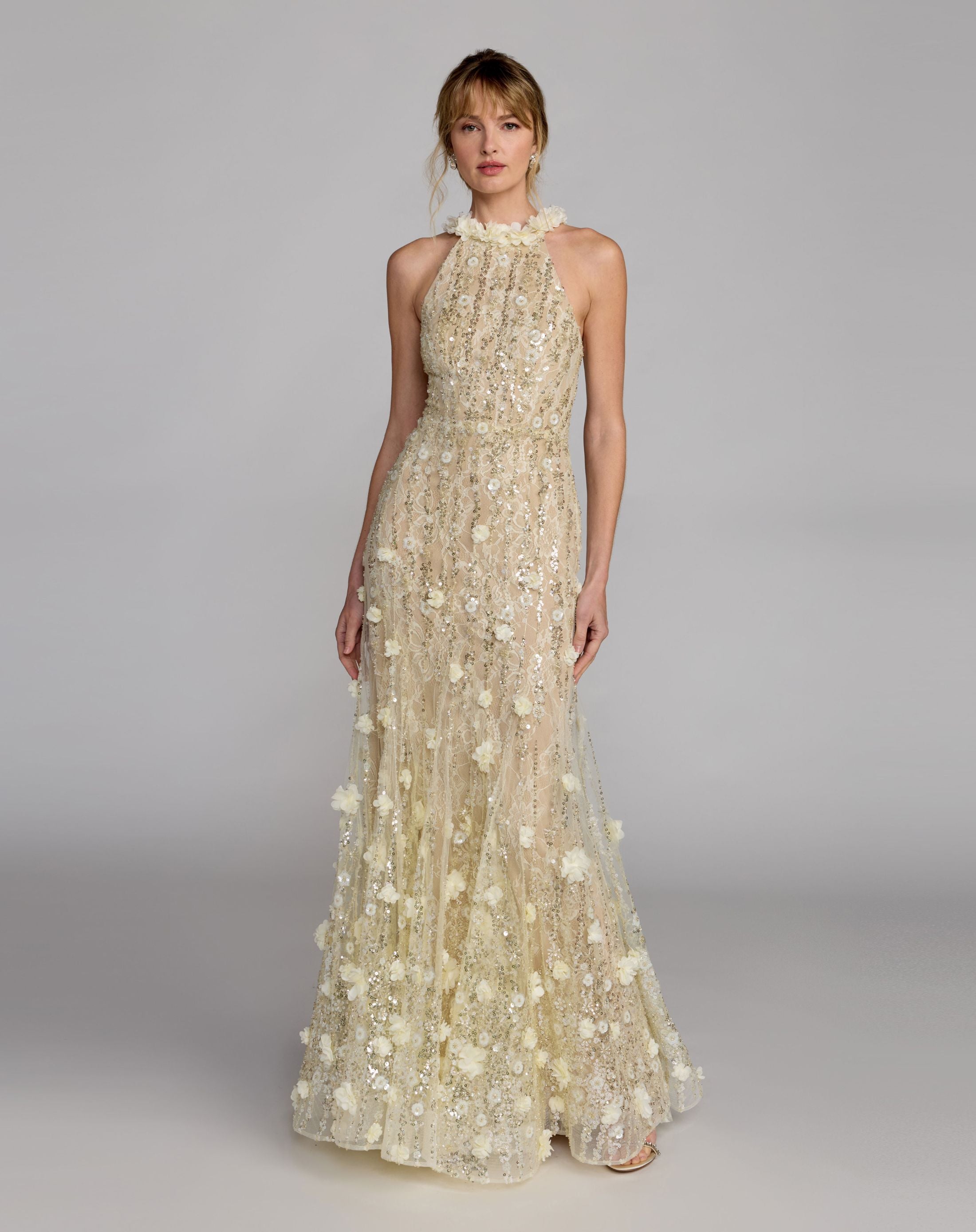 Yellow Floral Embellished Halter Mermaid Gown Mac Duggal