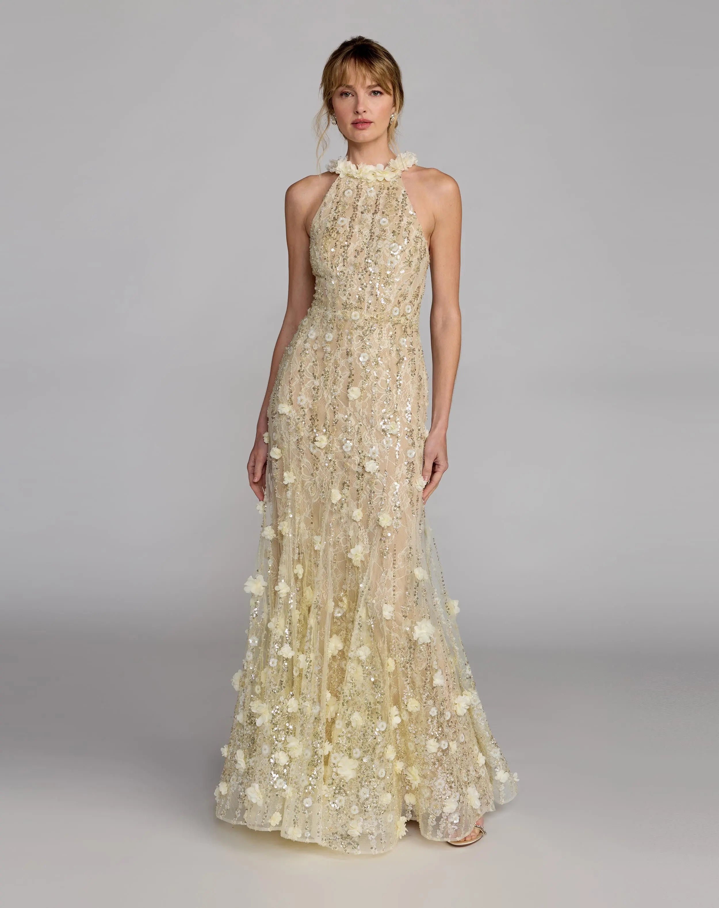 Yellow Floral Embellished Halter Mermaid Gown Mac Duggal
