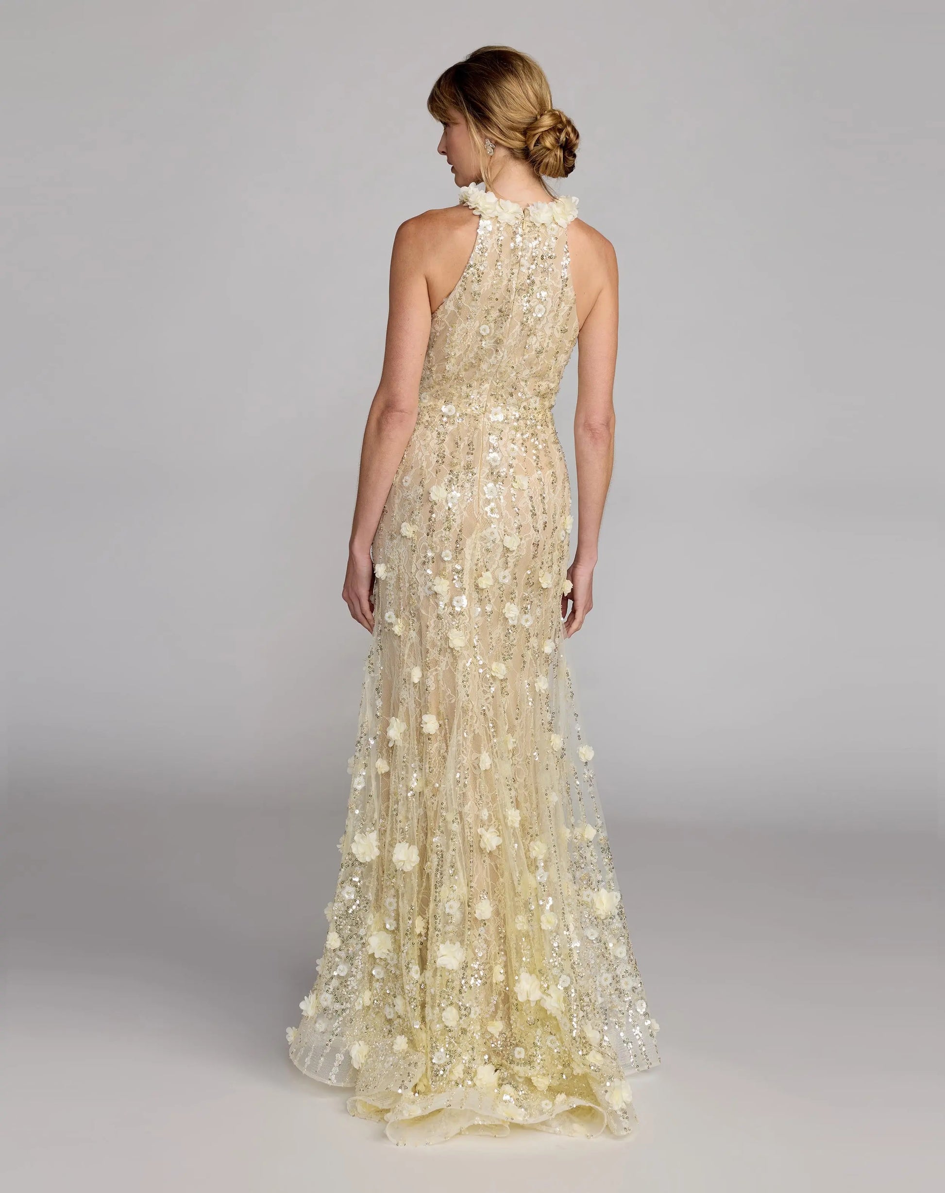 Yellow Floral Embellished Halter Mermaid Gown Mac Duggal
