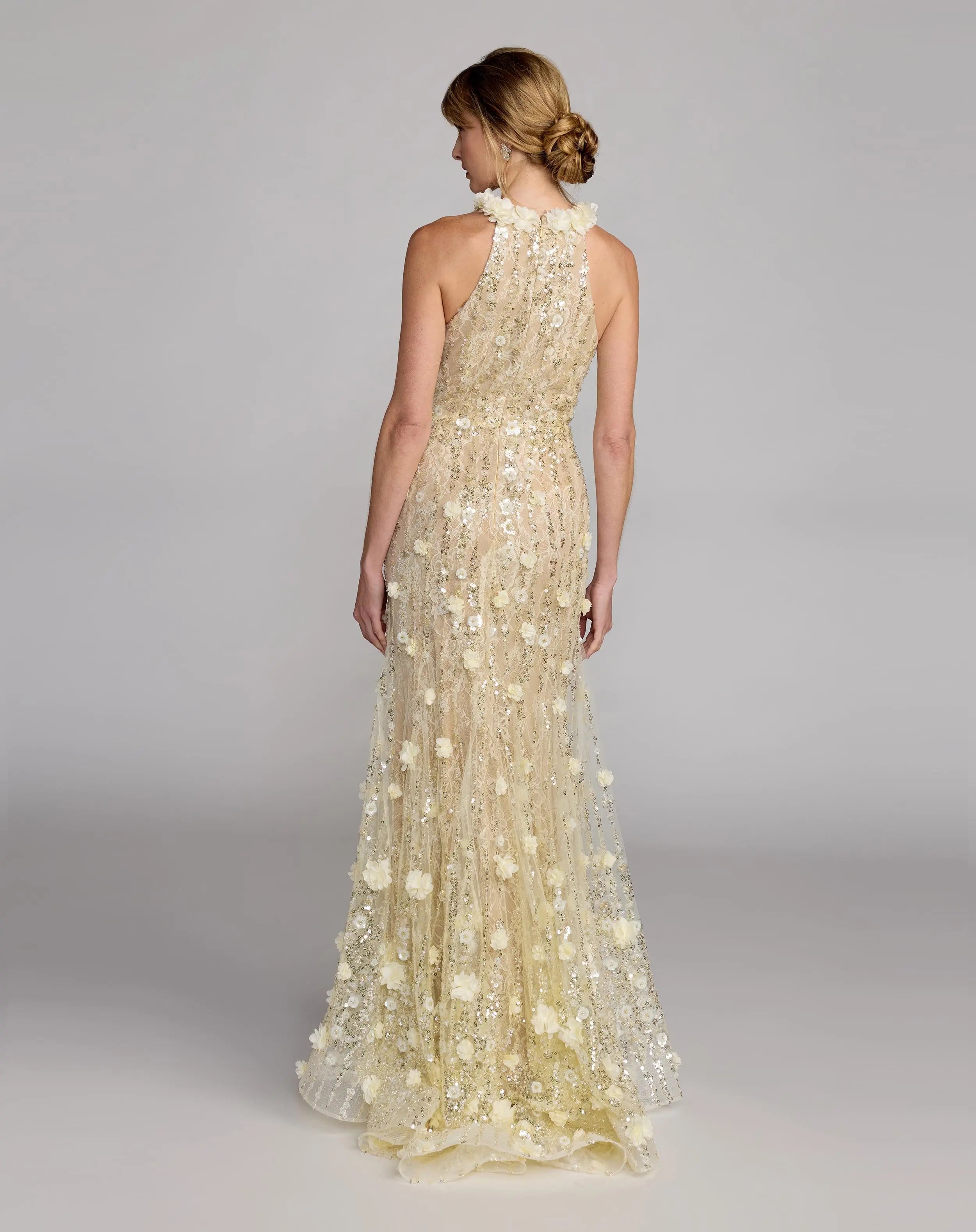 Yellow Floral Embellished Halter Mermaid Gown Mac Duggal