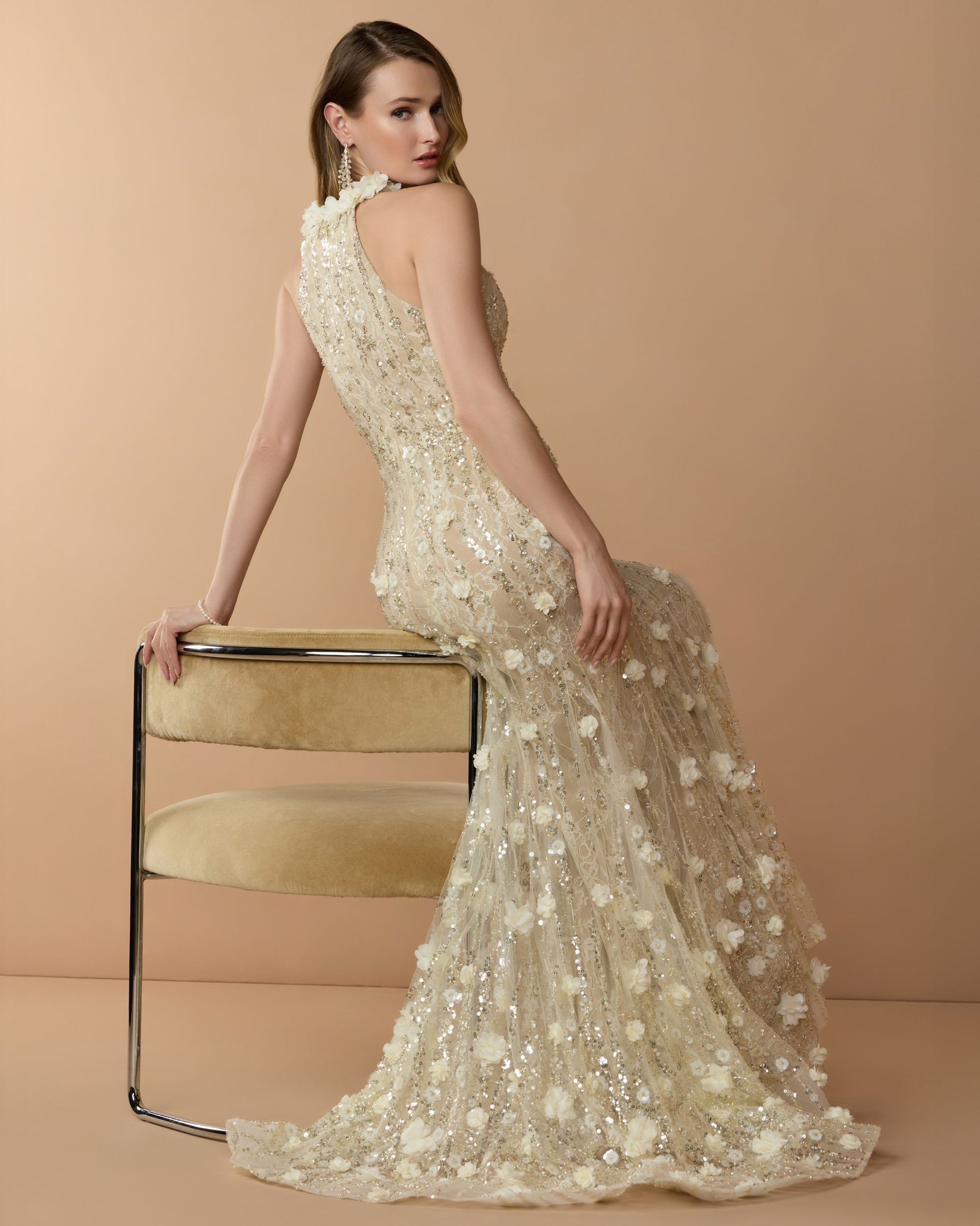 Yellow Floral Embellished Halter Mermaid Gown Mac Duggal