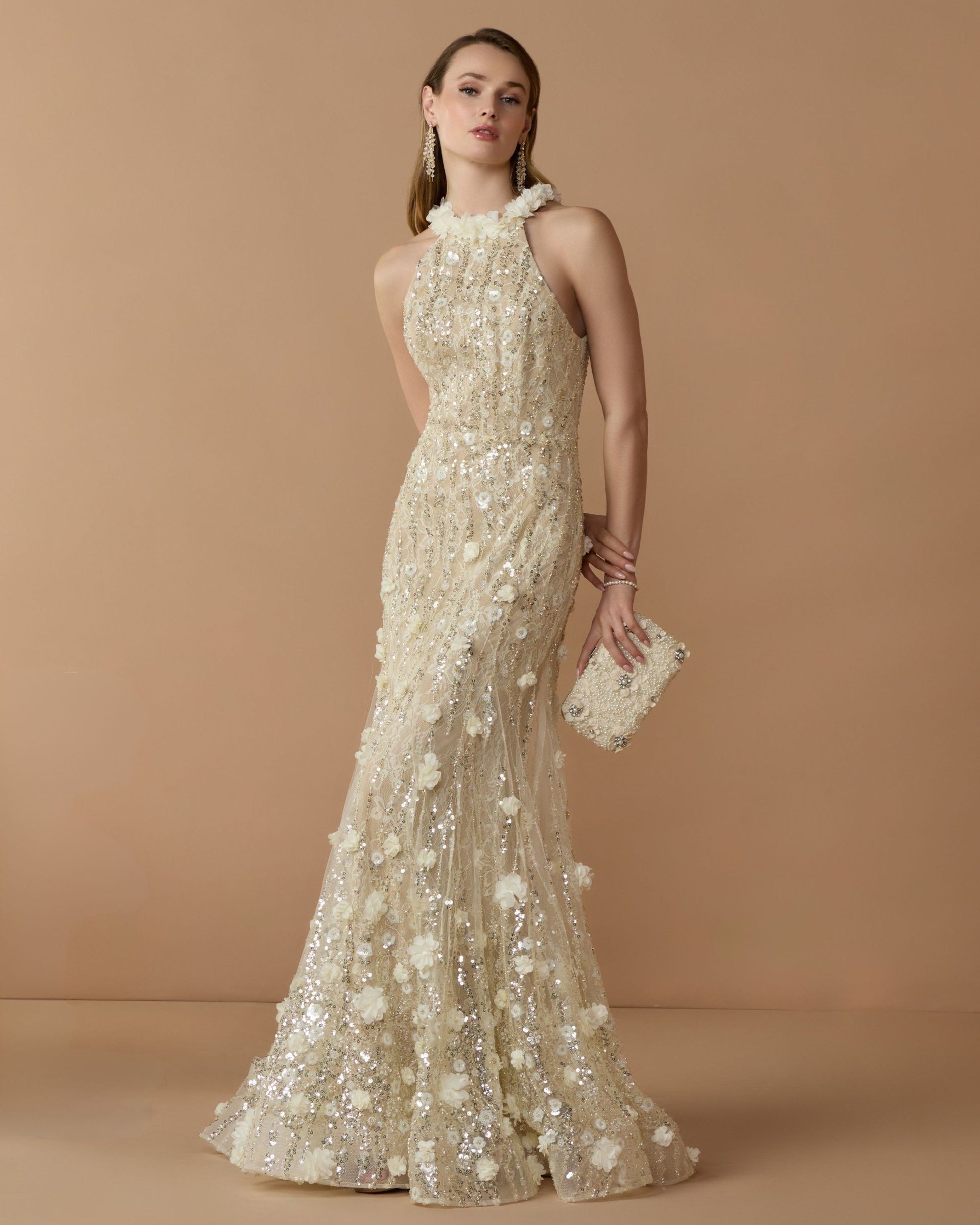 Beige Embellished Lace Halter Neck Mermaid Gown