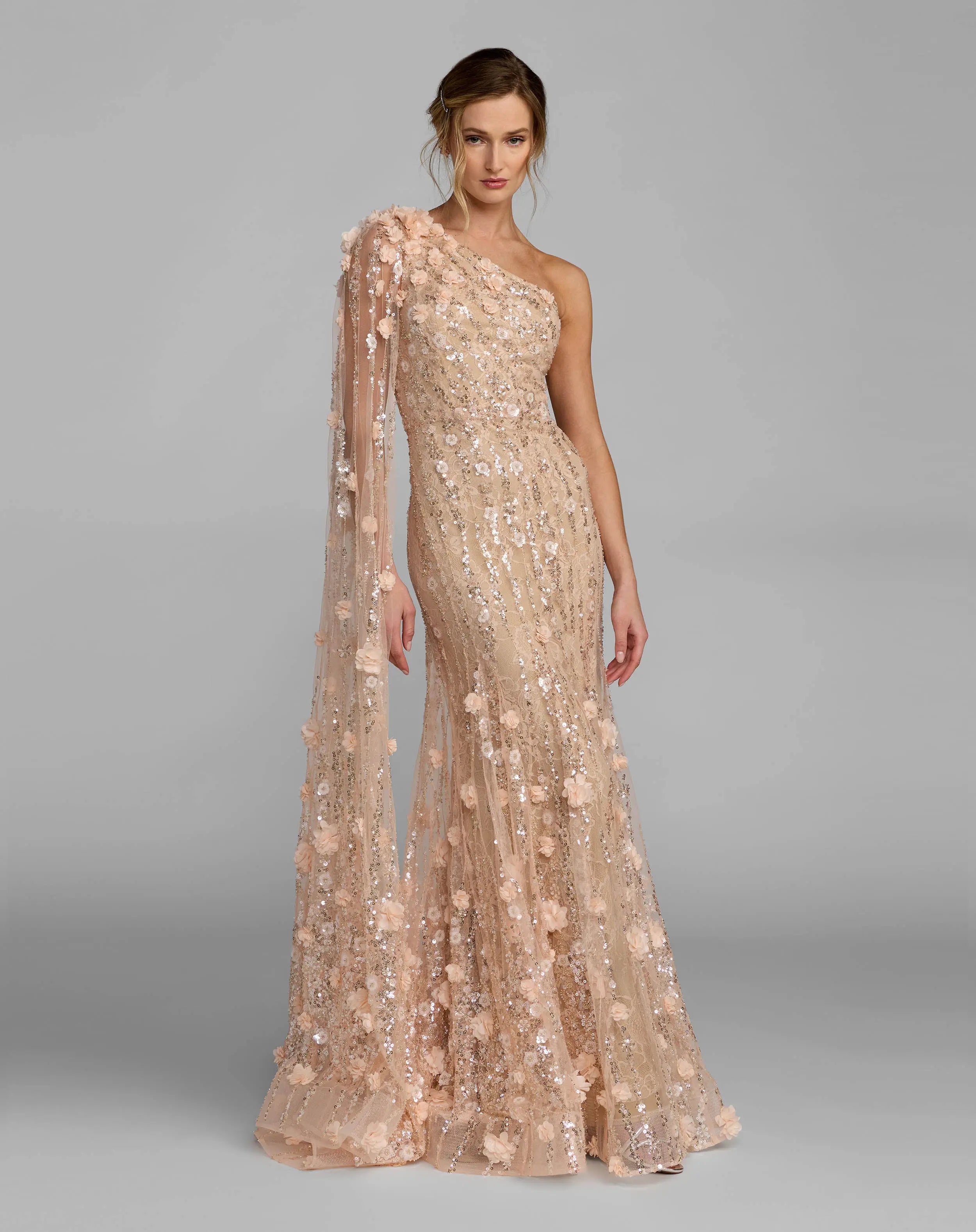 Beige One Shoulder Embellished Gown With Sheer Cape Sleeve - Mac Duggal