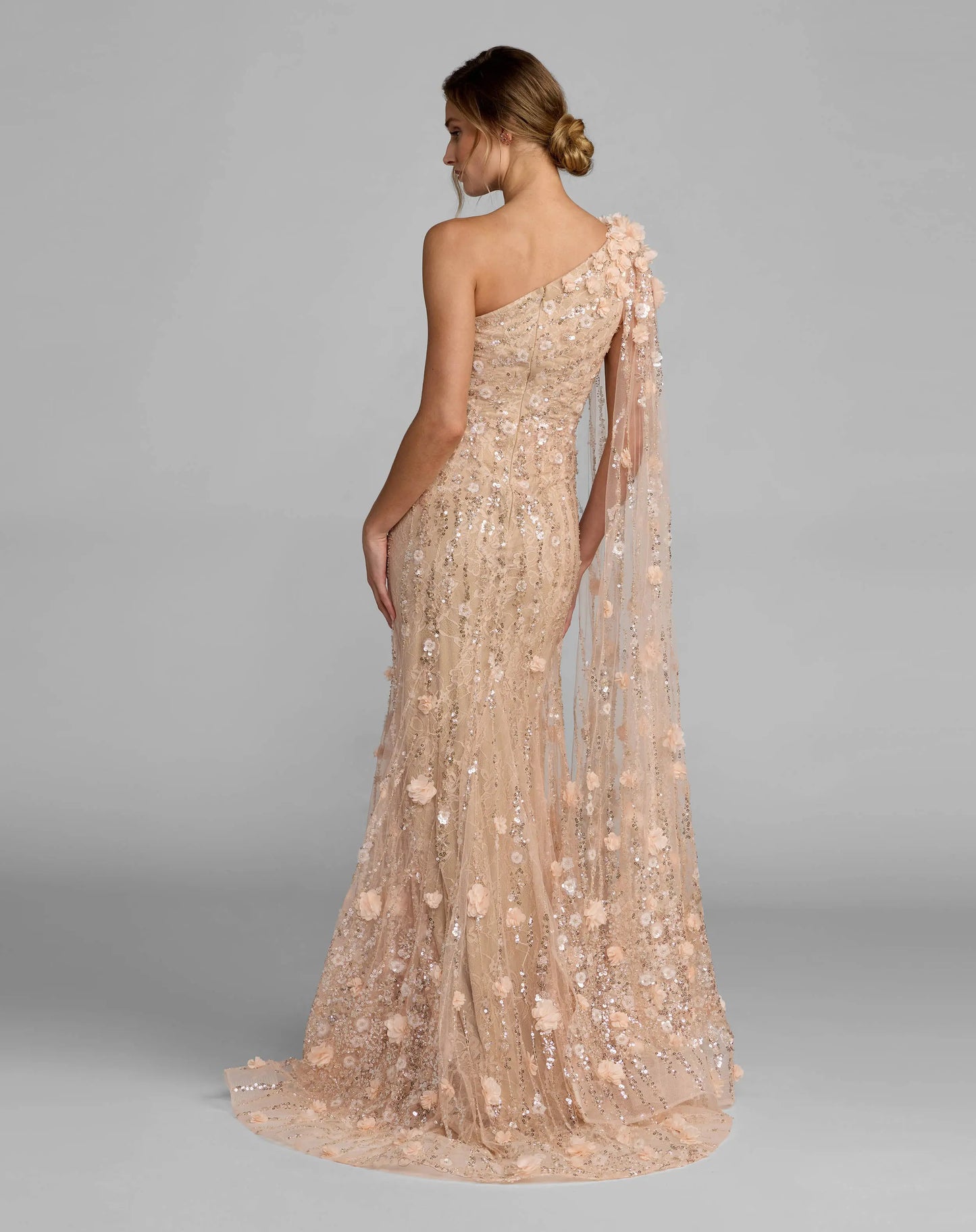 Beige One Shoulder Embellished Gown With Sheer Cape Sleeve - Mac Duggal