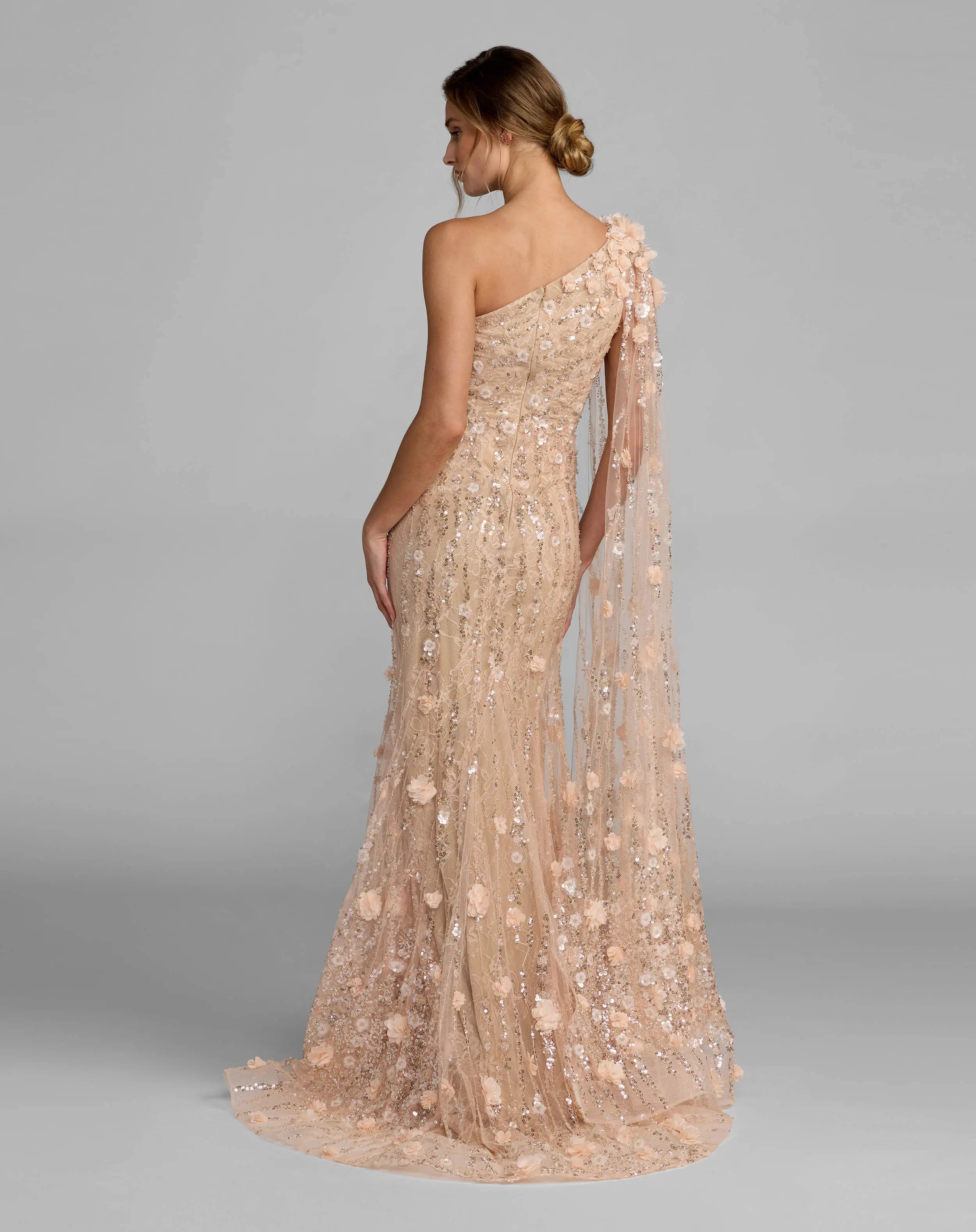 Beige One Shoulder Embellished Gown With Sheer Cape Sleeve - Mac Duggal
