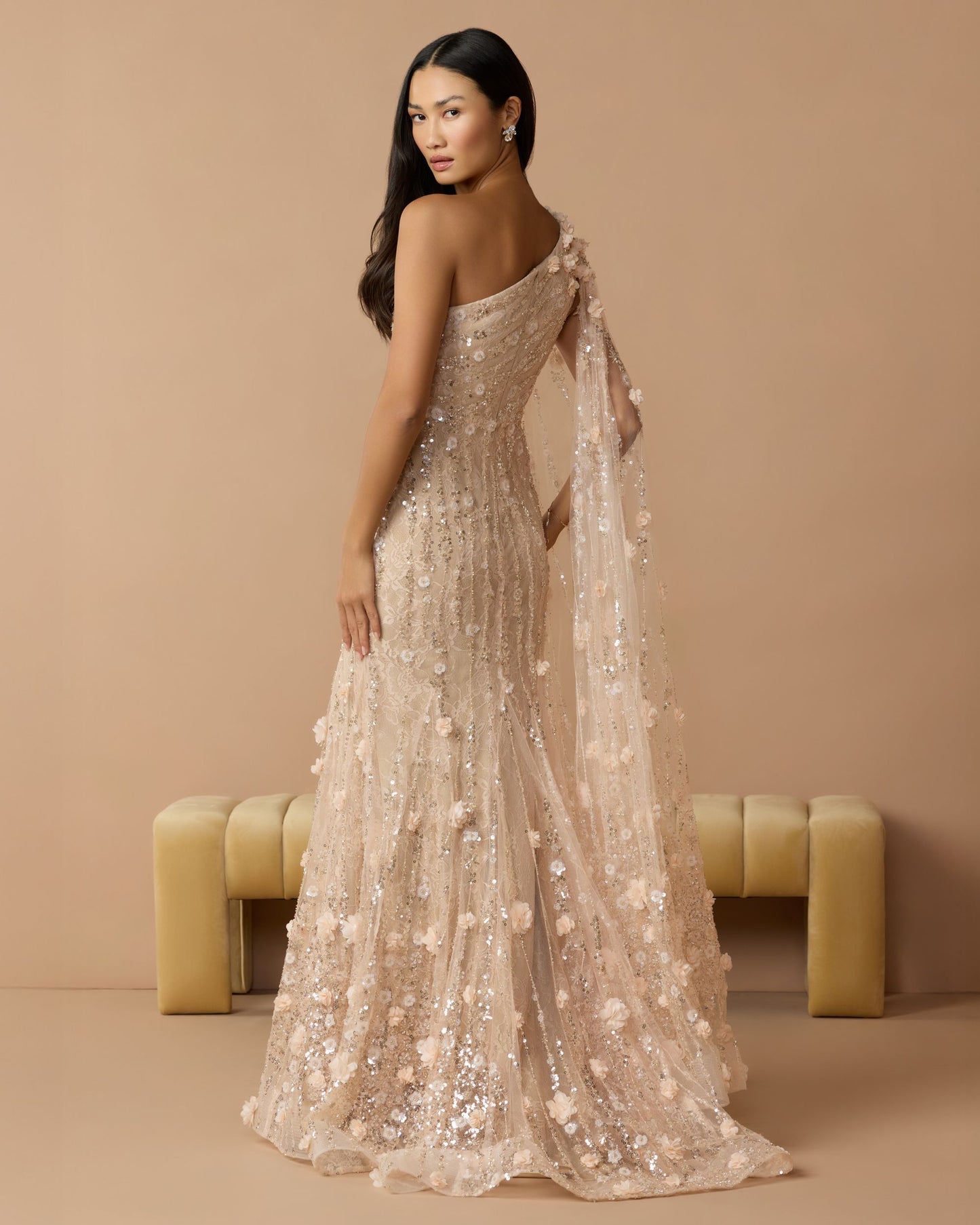 Beige One Shoulder Embellished Gown With Sheer Cape Sleeve - Mac Duggal