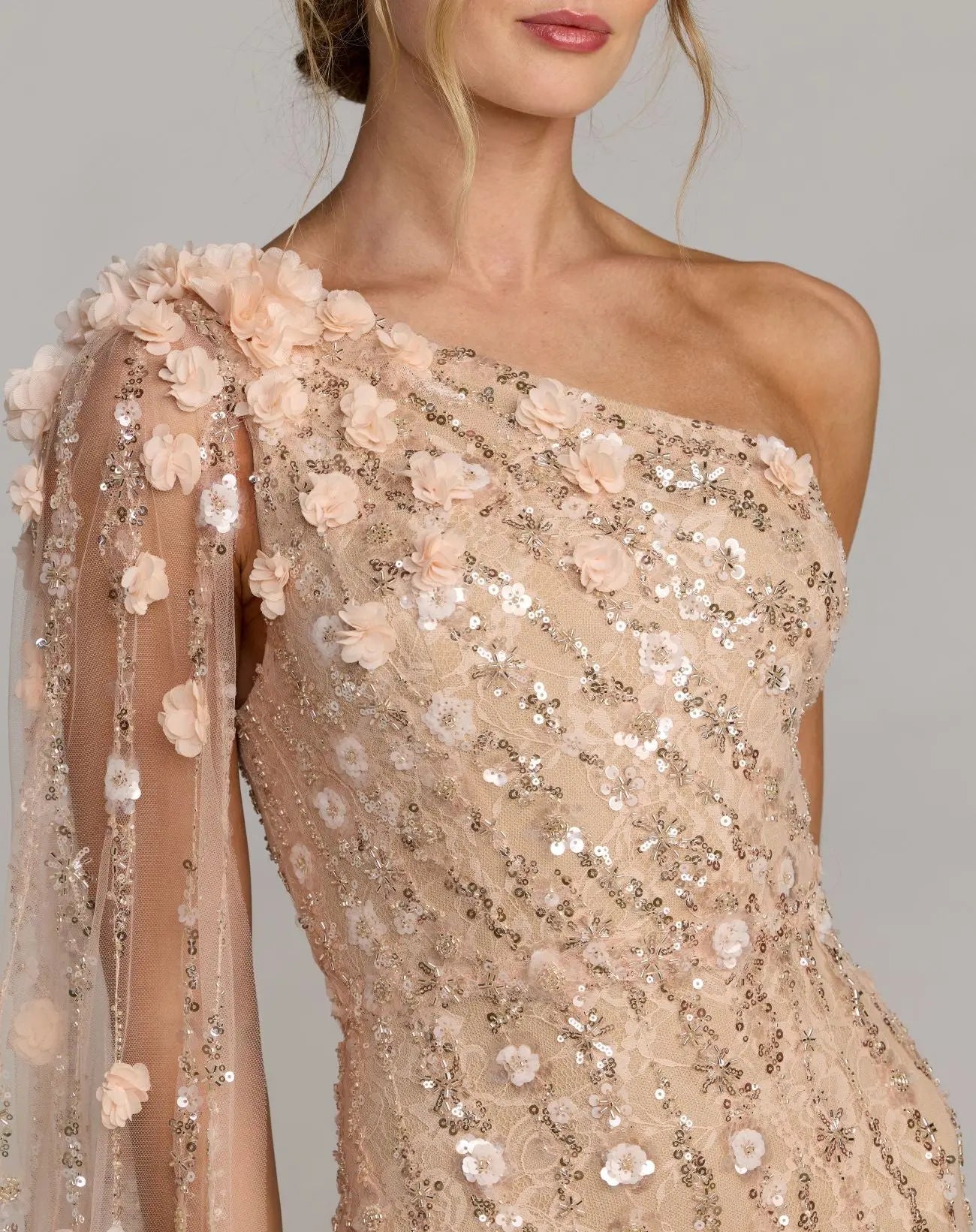 Beige One Shoulder Embellished Gown With Sheer Cape Sleeve - Mac Duggal