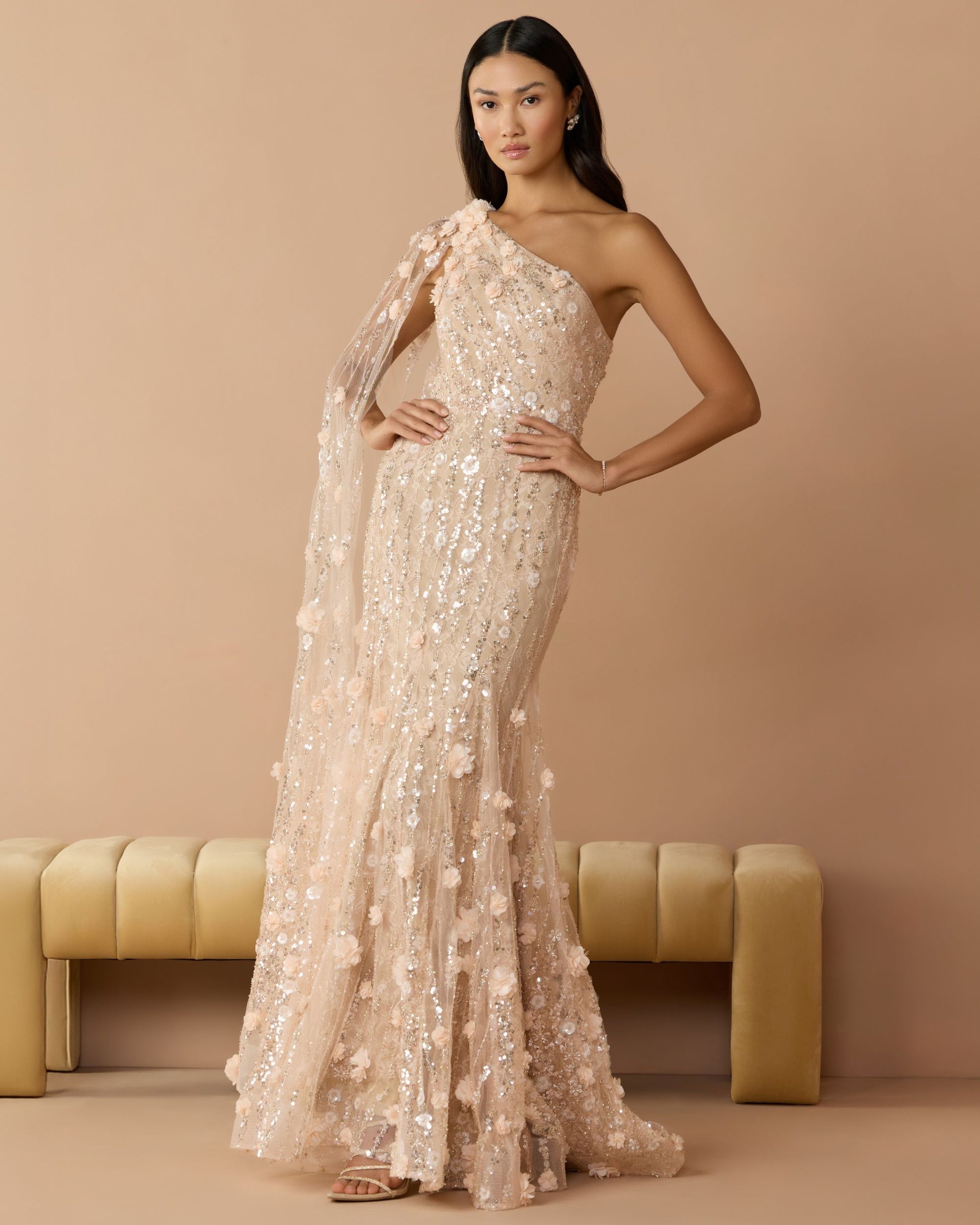 Beige One Shoulder Embellished Gown With Sheer Cape Sleeve - Mac Duggal