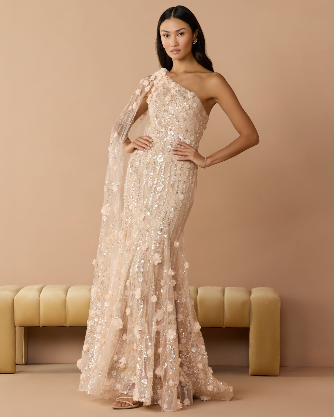 Beige One Shoulder Embellished Gown With Sheer Cape Sleeve - Mac Duggal