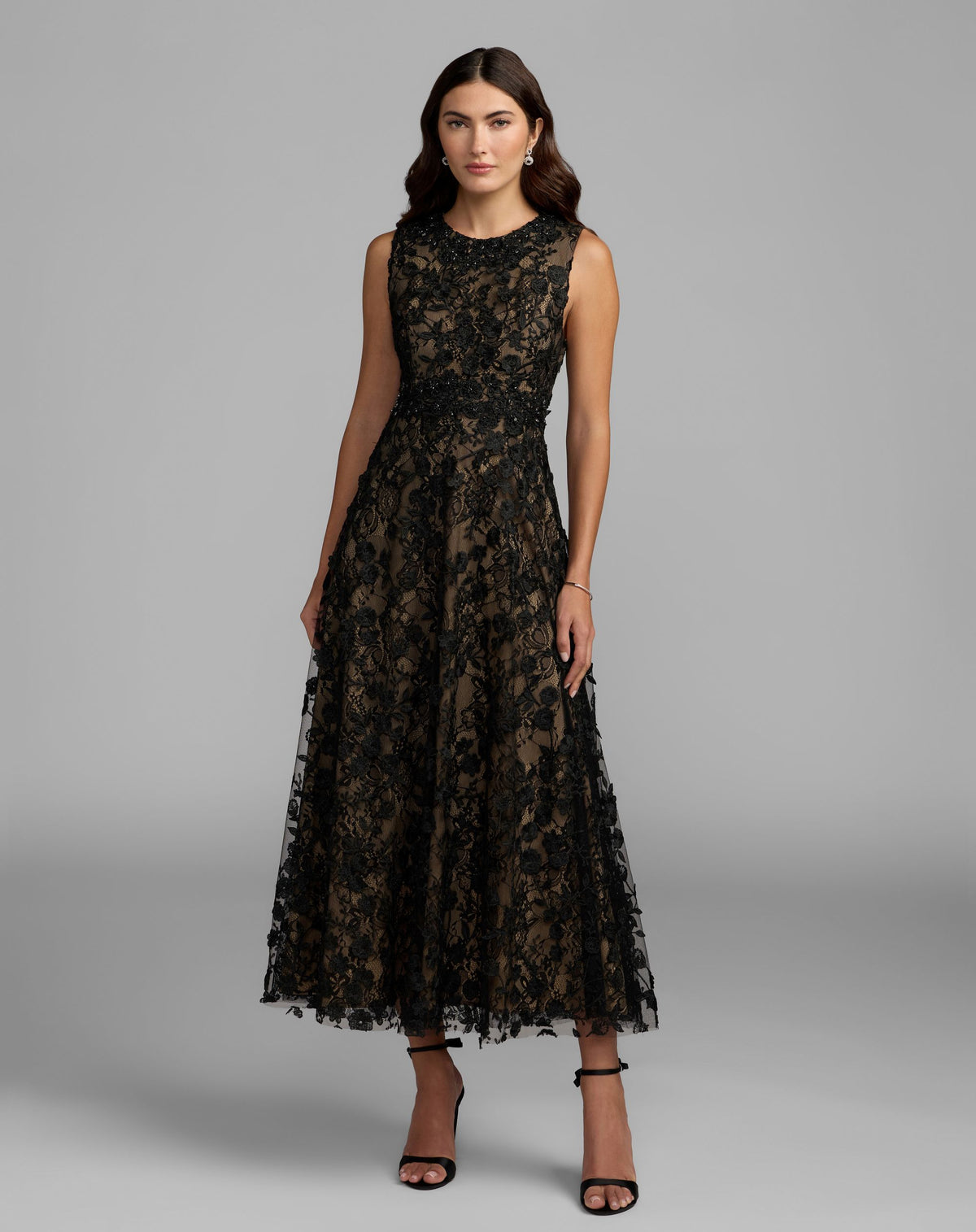 Black Nude Floral Embroidered High Neck Midi Dress - Mac Duggal