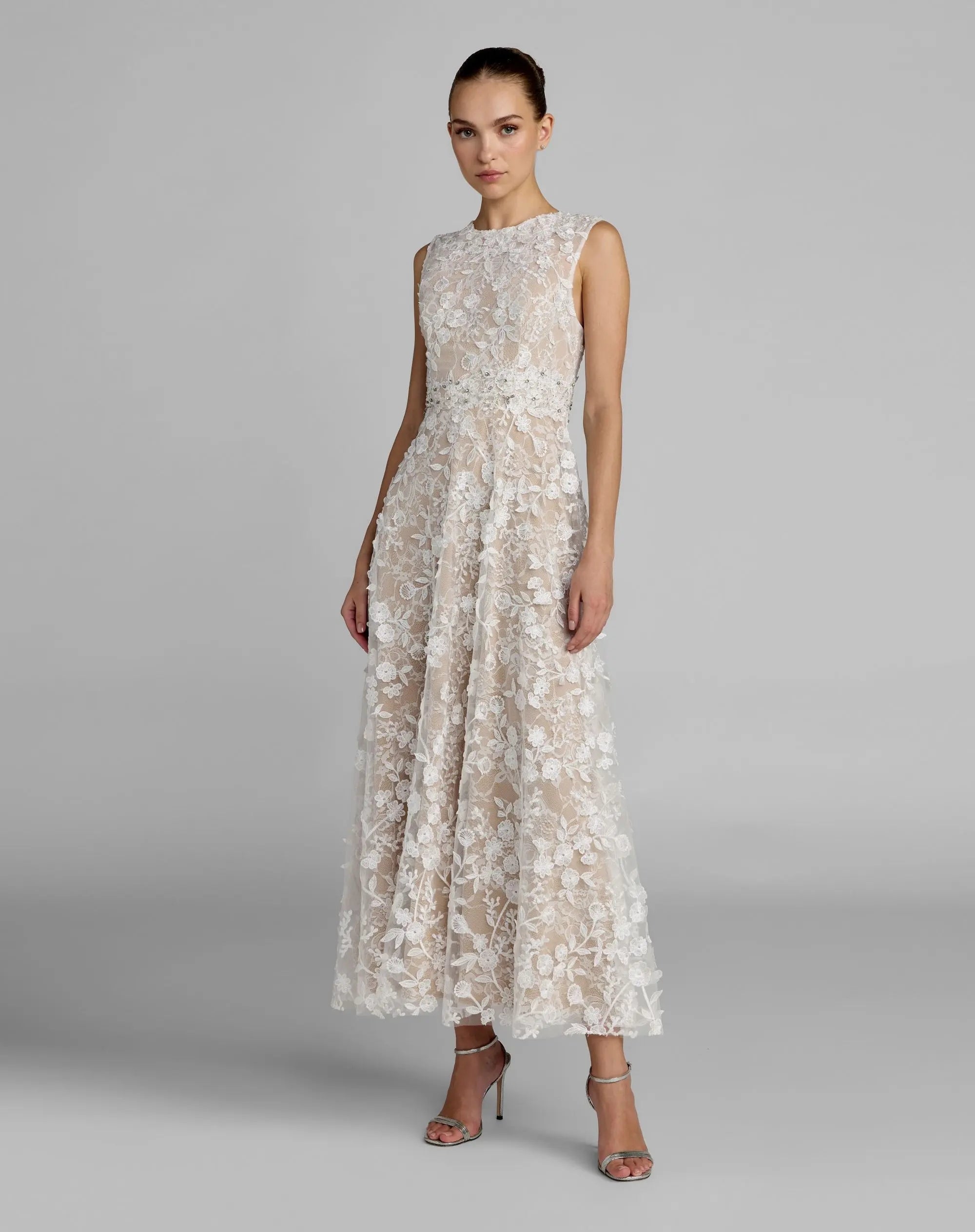 Ivory Floral Embroidered High Neck Midi Dress | Mac Duggal