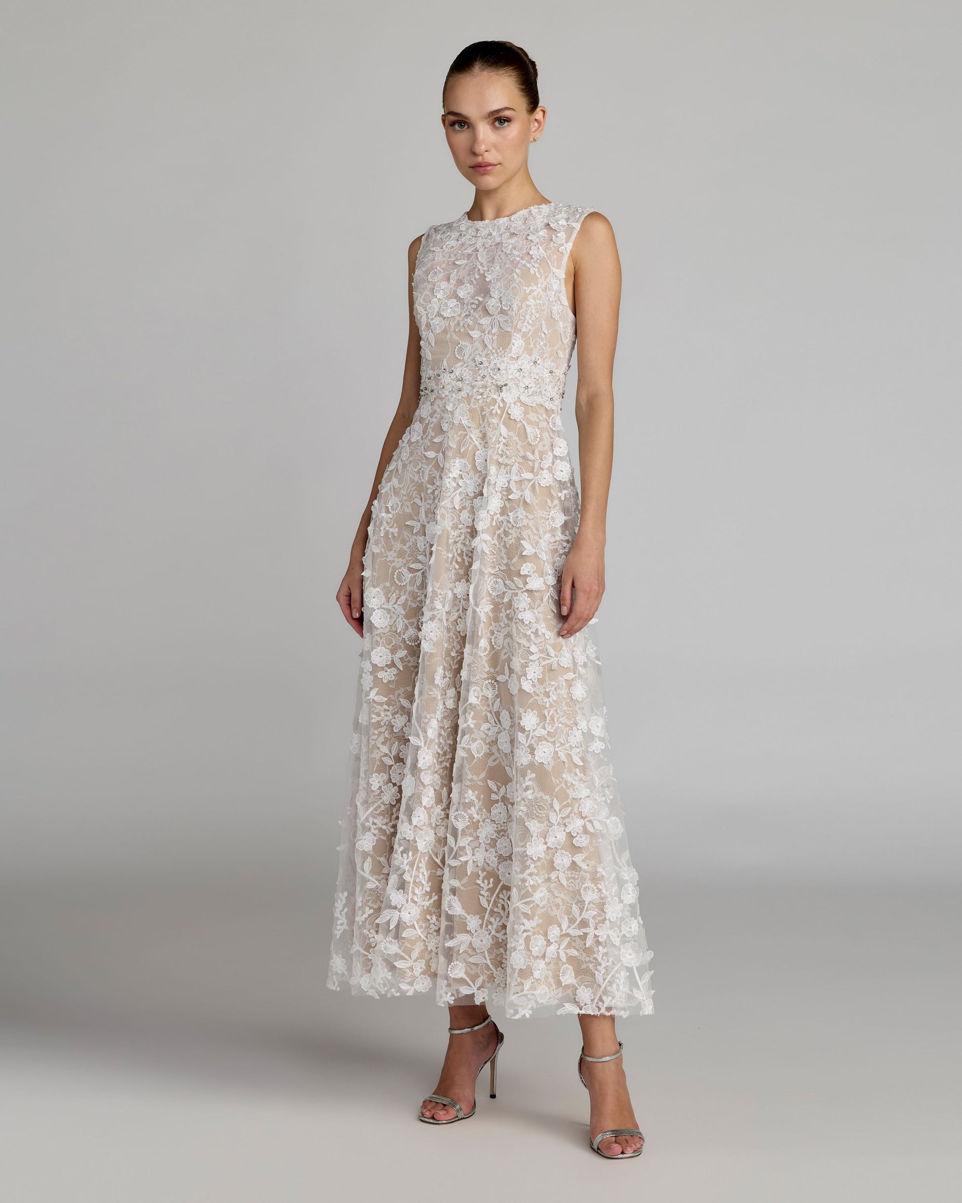 Ivory Floral Embroidered High Neck Midi Dress | Mac Duggal Ivory Floral Embroidered High Neck Midi Dress | Mac Duggal