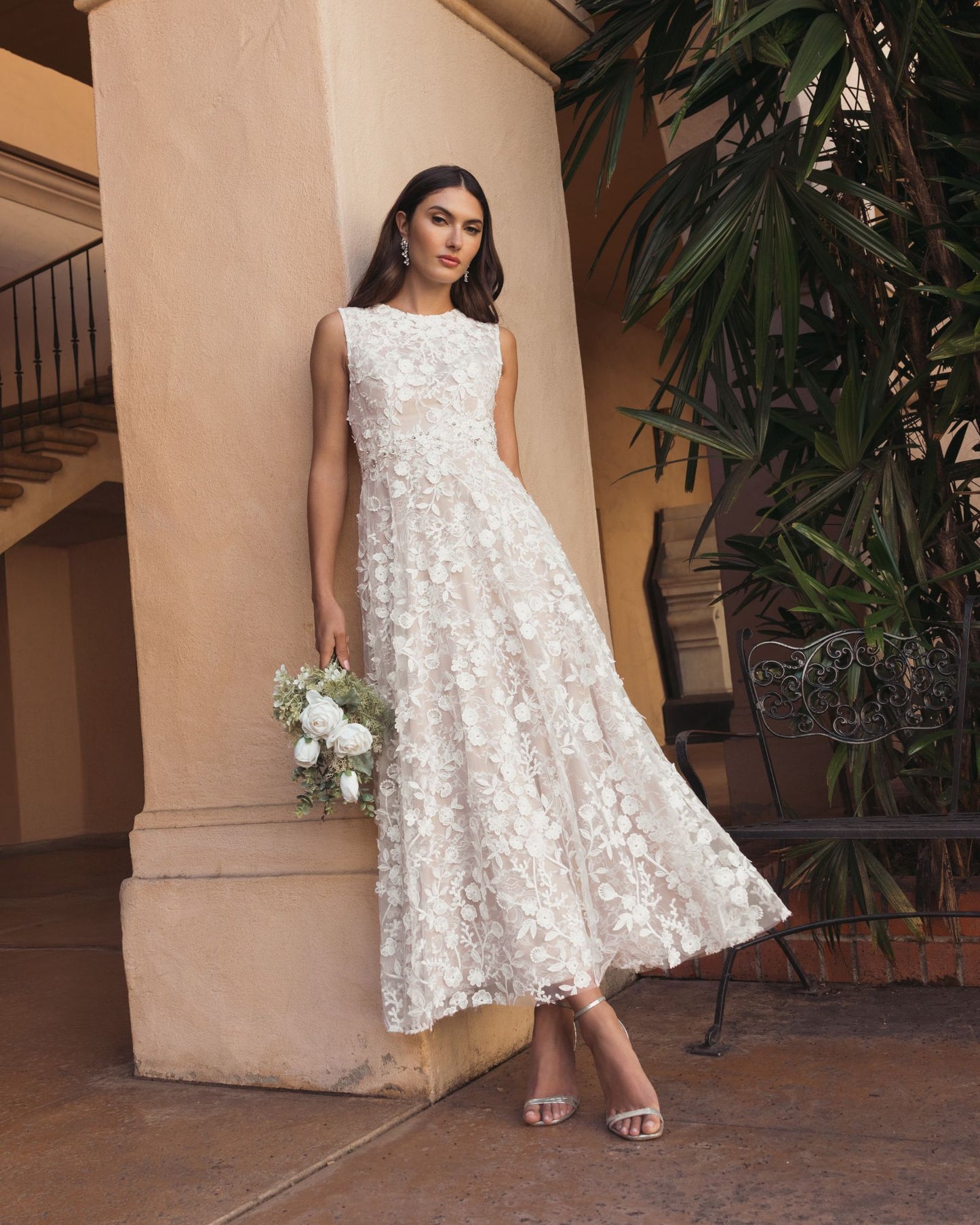 Ivory Floral Embroidered High Neck Midi Dress Mac Duggal 
