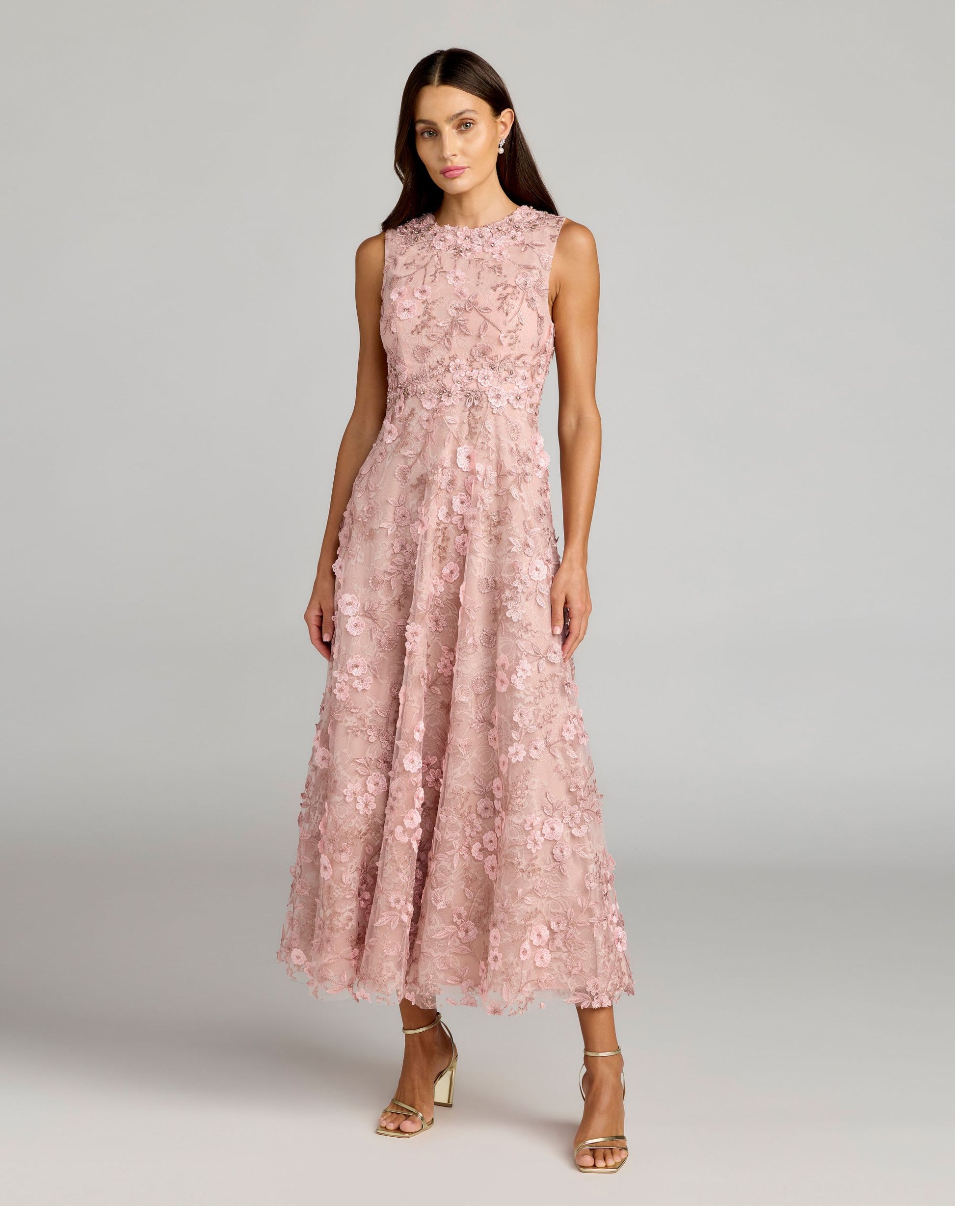 Pink Floral Embroidered High Neck Midi Dress - Mac Duggal