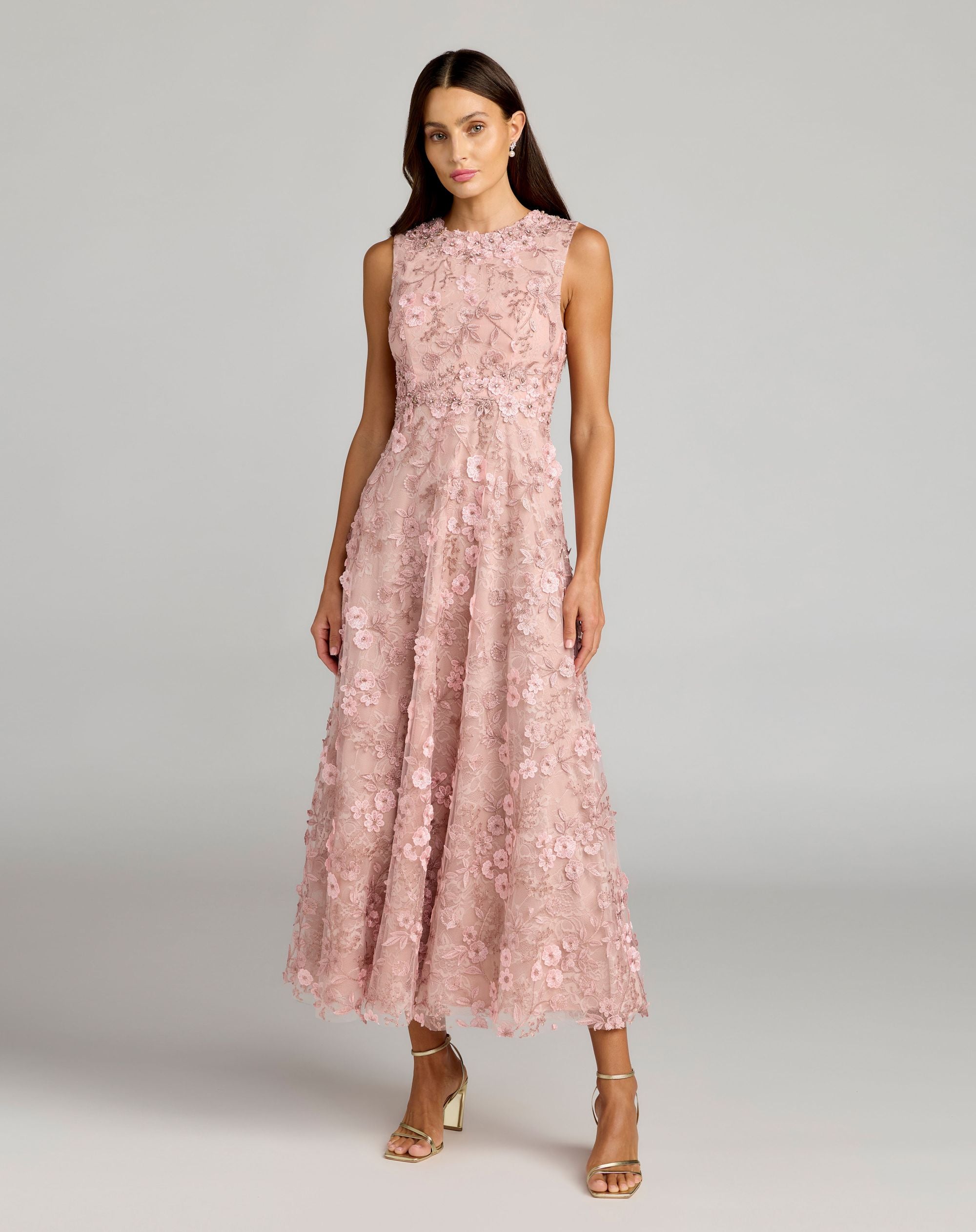 Pink Floral Embroidered High Neck Midi Dress - Mac Duggal