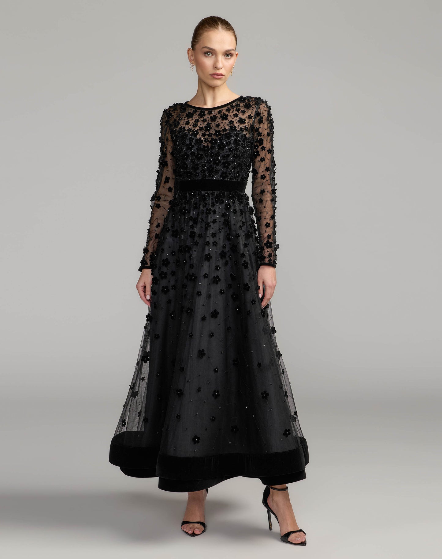 Black Velvet Floral Appliqué Midi Dress Mac Duggal