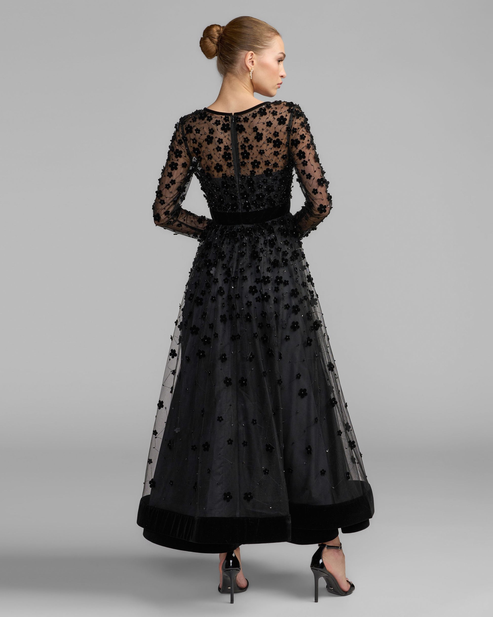 Black Velvet Floral Appliqué Midi Dress Mac Duggal