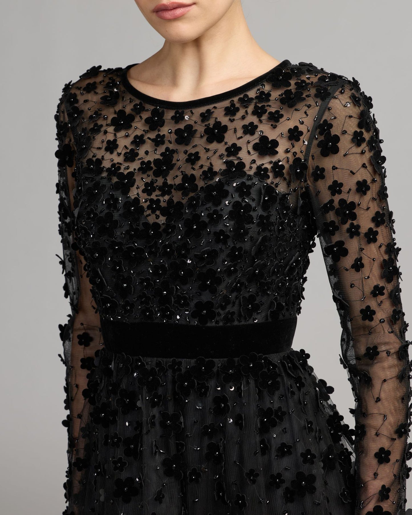 Black Velvet Floral Appliqué Midi Dress Mac Duggal