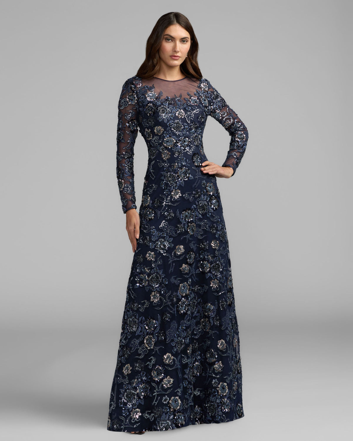 Midnight Embellished Floral Long Sleeve A-Line Gown - Mac Duggal