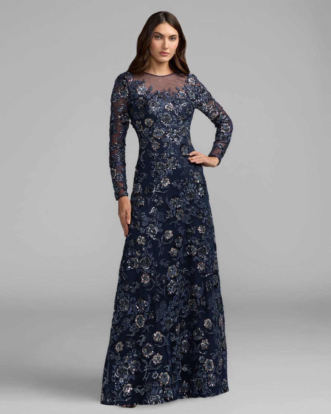 Midnight Embellished Floral Long Sleeve A-Line Gown - Mac Duggal