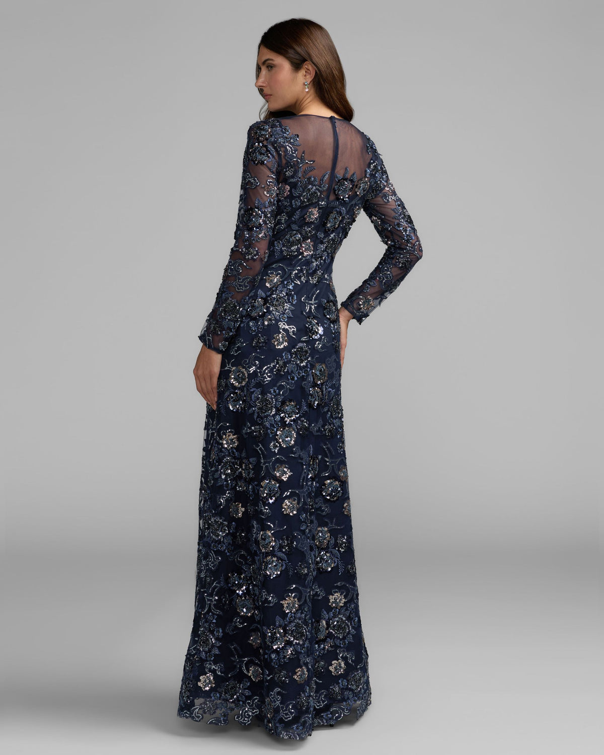 Midnight Embellished Floral Long Sleeve A-Line Gown - Mac Duggal