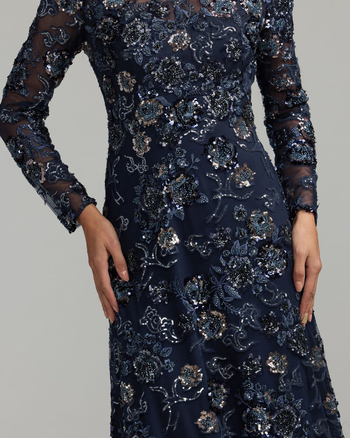 Midnight Embellished Floral Long Sleeve A-Line Gown - Mac Duggal