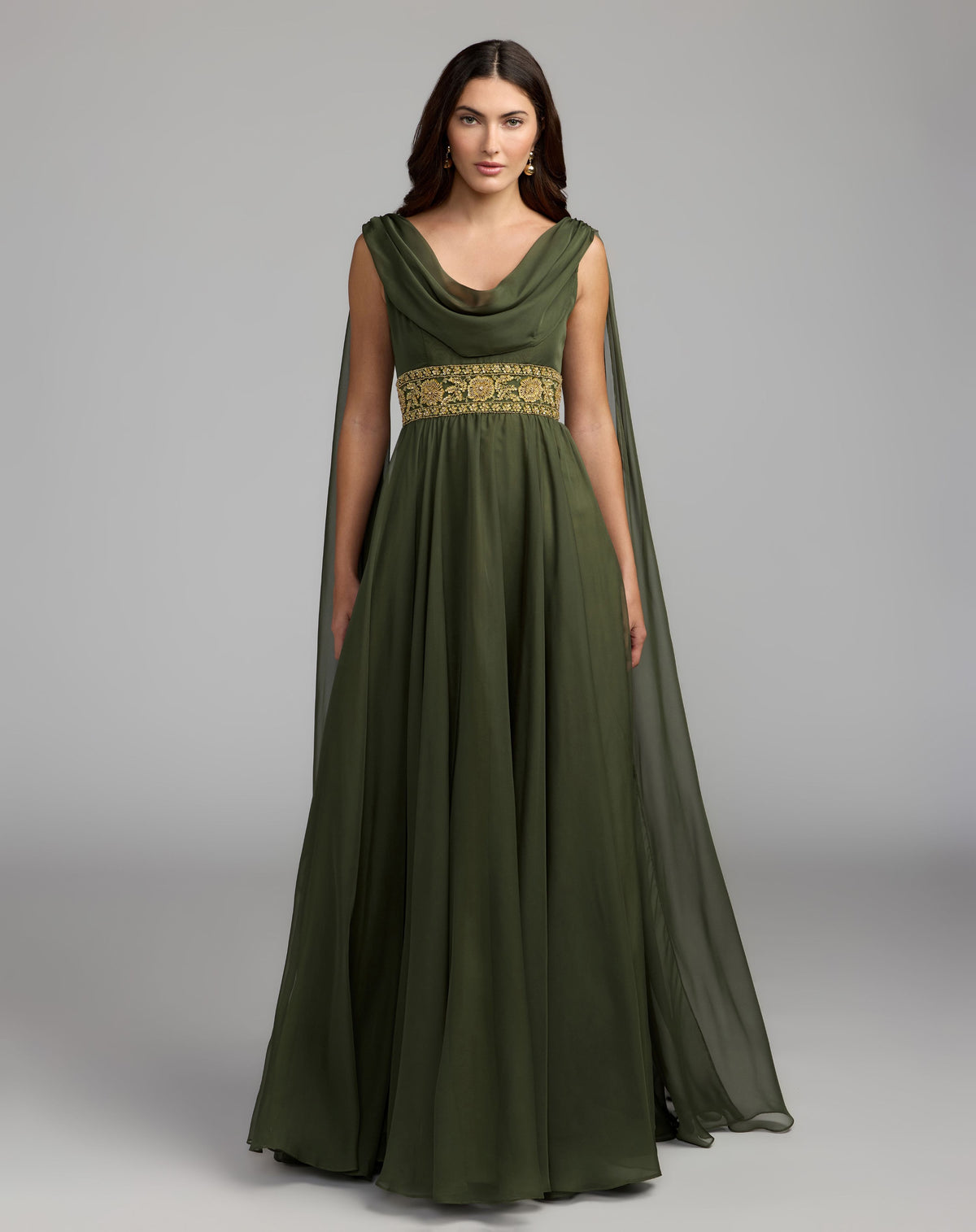 Olive Cowl Chiffon Gown With Embellished Waist - Mac Duggal