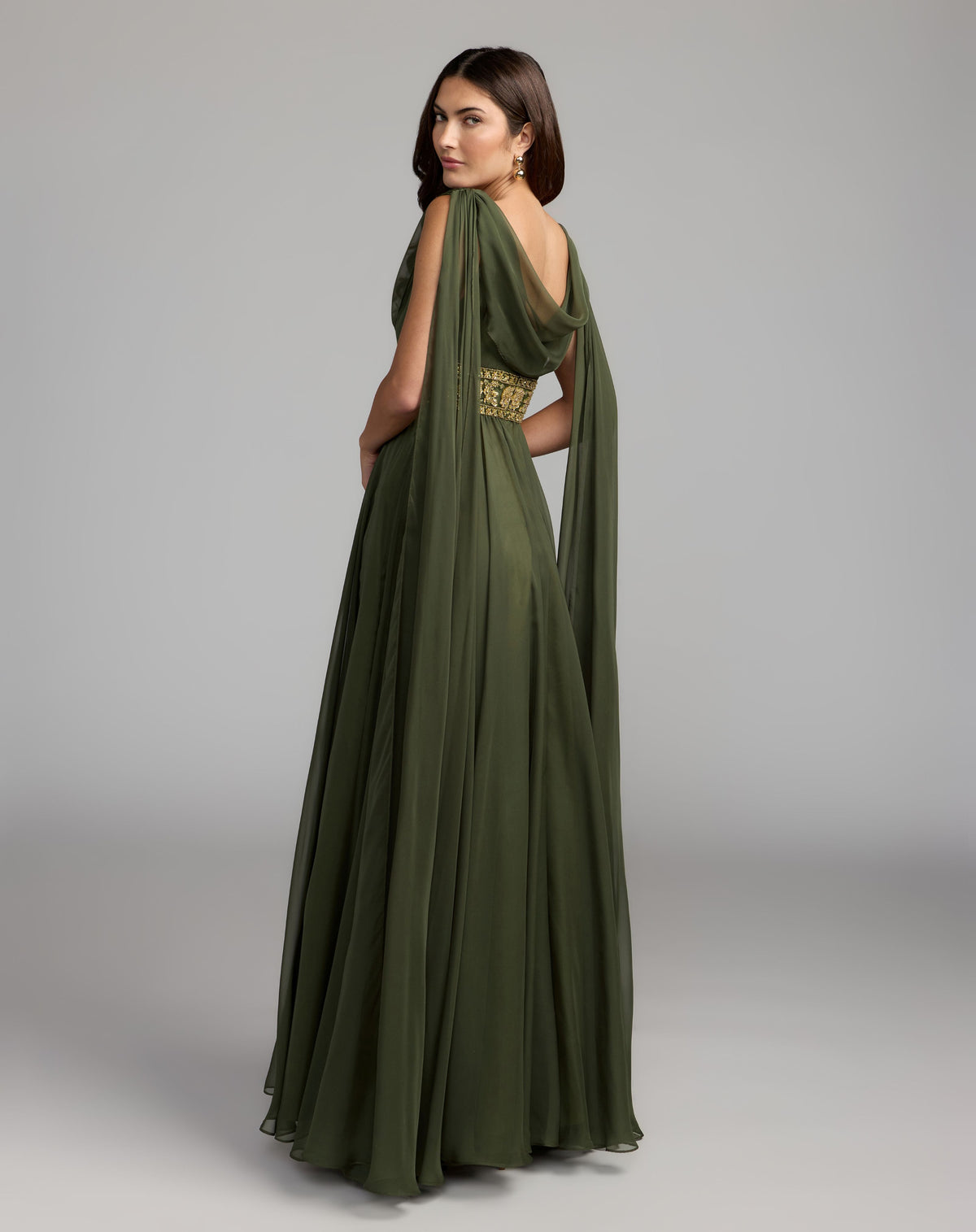 Olive Cowl Chiffon Gown With Embellished Waist - Mac Duggal