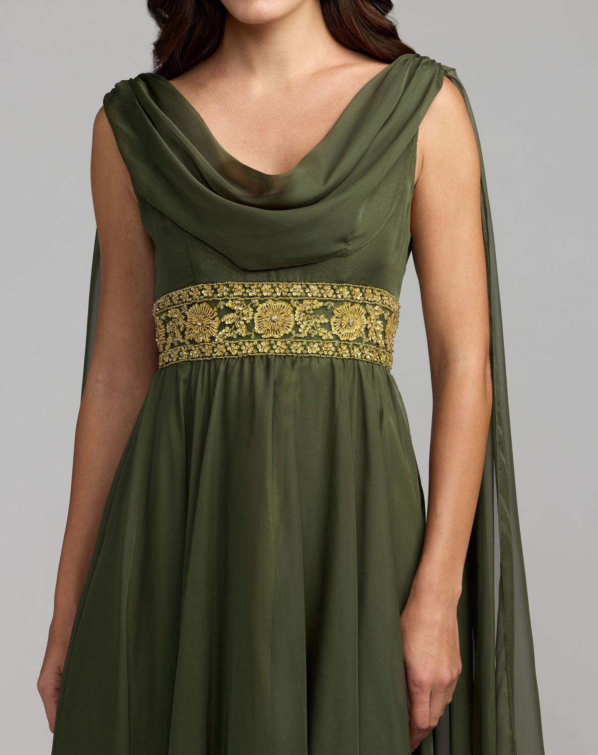 Olive Cowl Chiffon Gown With Embellished Waist - Mac Duggal