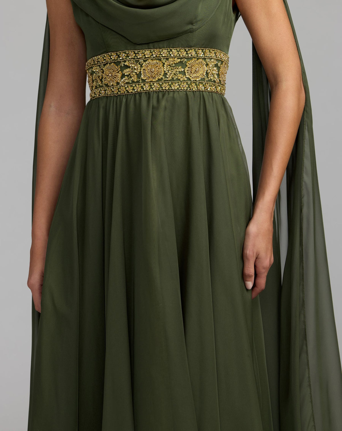 Olive Cowl Chiffon Gown With Embellished Waist - Mac Duggal