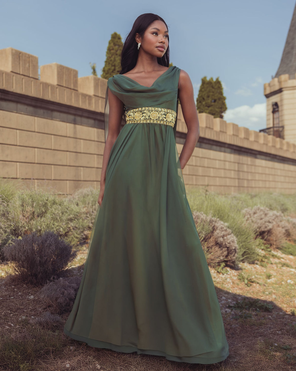 Olive Cowl Chiffon Gown With Embellished Waist - Mac Duggal