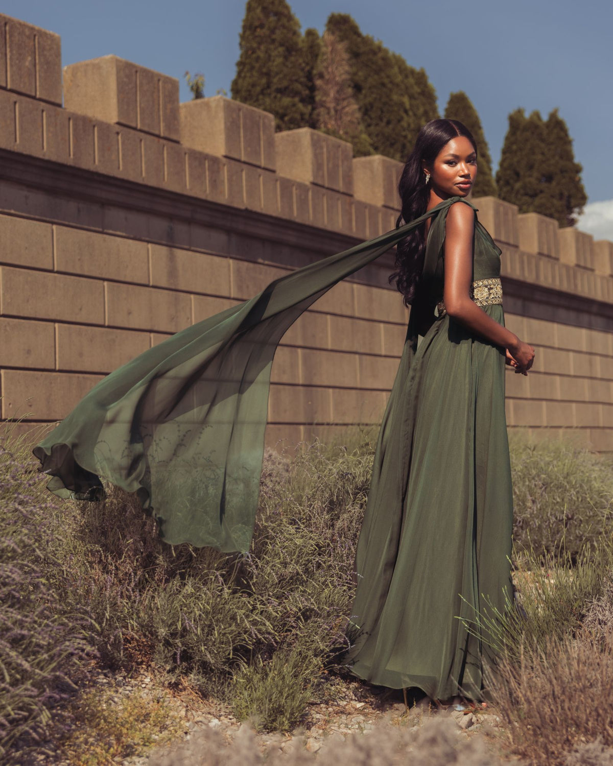 Olive Cowl Chiffon Gown With Embellished Waist - Mac Duggal
