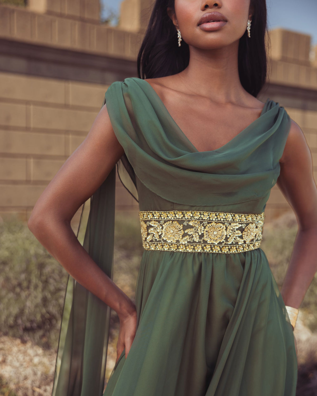 Olive Cowl Chiffon Gown With Embellished Waist - Mac Duggal