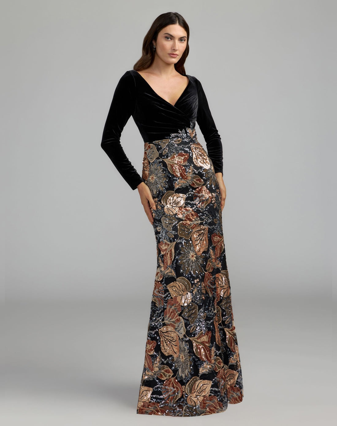 Black Long Sleeve Floral Embellished Velvet Gown - Mac Duggal