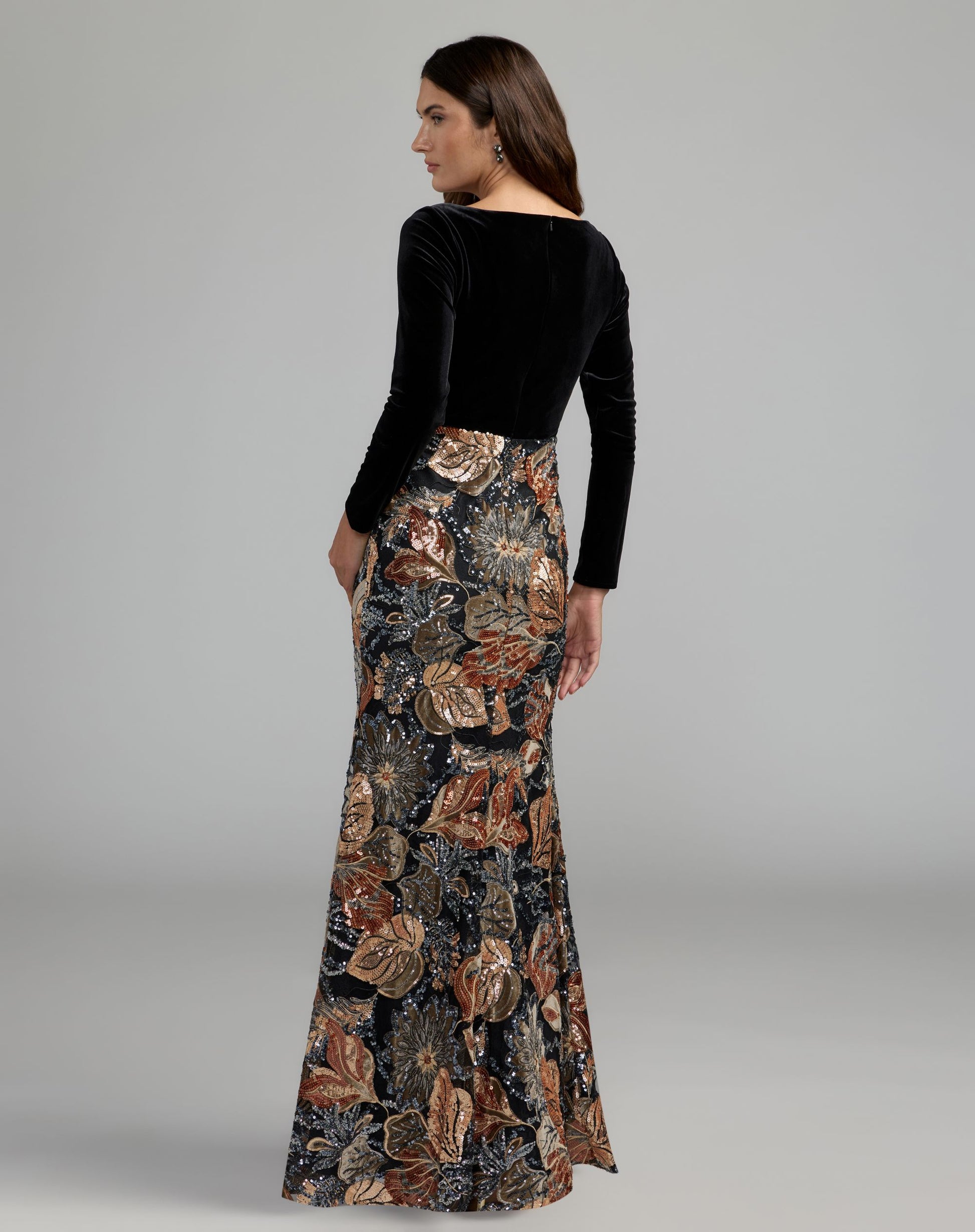 Black Long Sleeve Floral Embellished Velvet Gown - Mac Duggal
