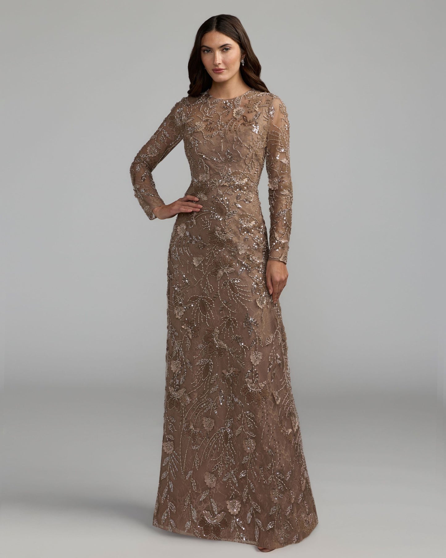 Brown Embellished Floral Lace Gown Mac Duggal